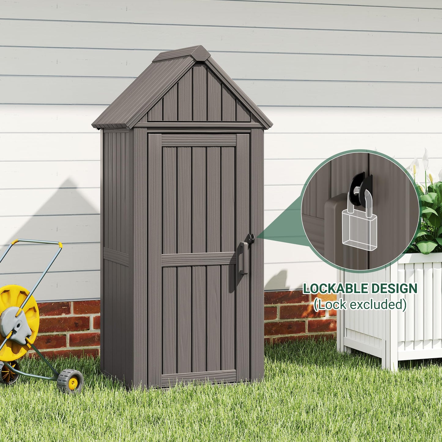 Bifanuo Deck Box Storage Shed Outdoor Storage Cabinet, Vertical Waterproof Resin Material Plastic Shed with Removable Shelves, 12 Hooks and Lock Ring for Garden, Pool and Patio (Grey)