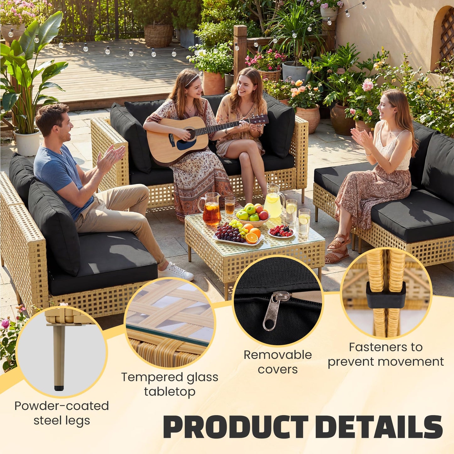 LHBcraft 7-Piece Wicker Outdoor Patio Furniture Set, Outdoor Sectional Furniture, Patio Sofa Sectional Conversation Sets, Handmade Rattan, Water-Resistant Fluffy Cushions and Coffee Table, Black