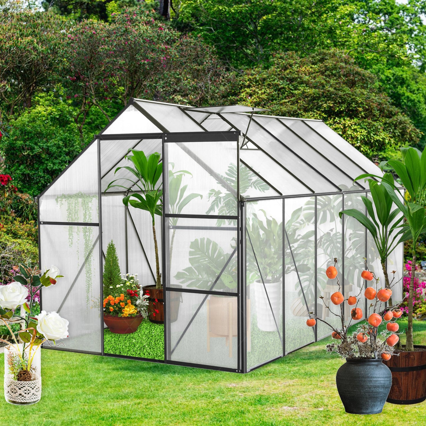 Jintop 6x12 FT Polycarbonate Greenhouse with Raised Base and Anchor Aluminum,Heavy Duty Walk-in Green Houses,w/ Drainage System & Adjustable Roof/Sliding Door,for Outdoor Backyard,Black