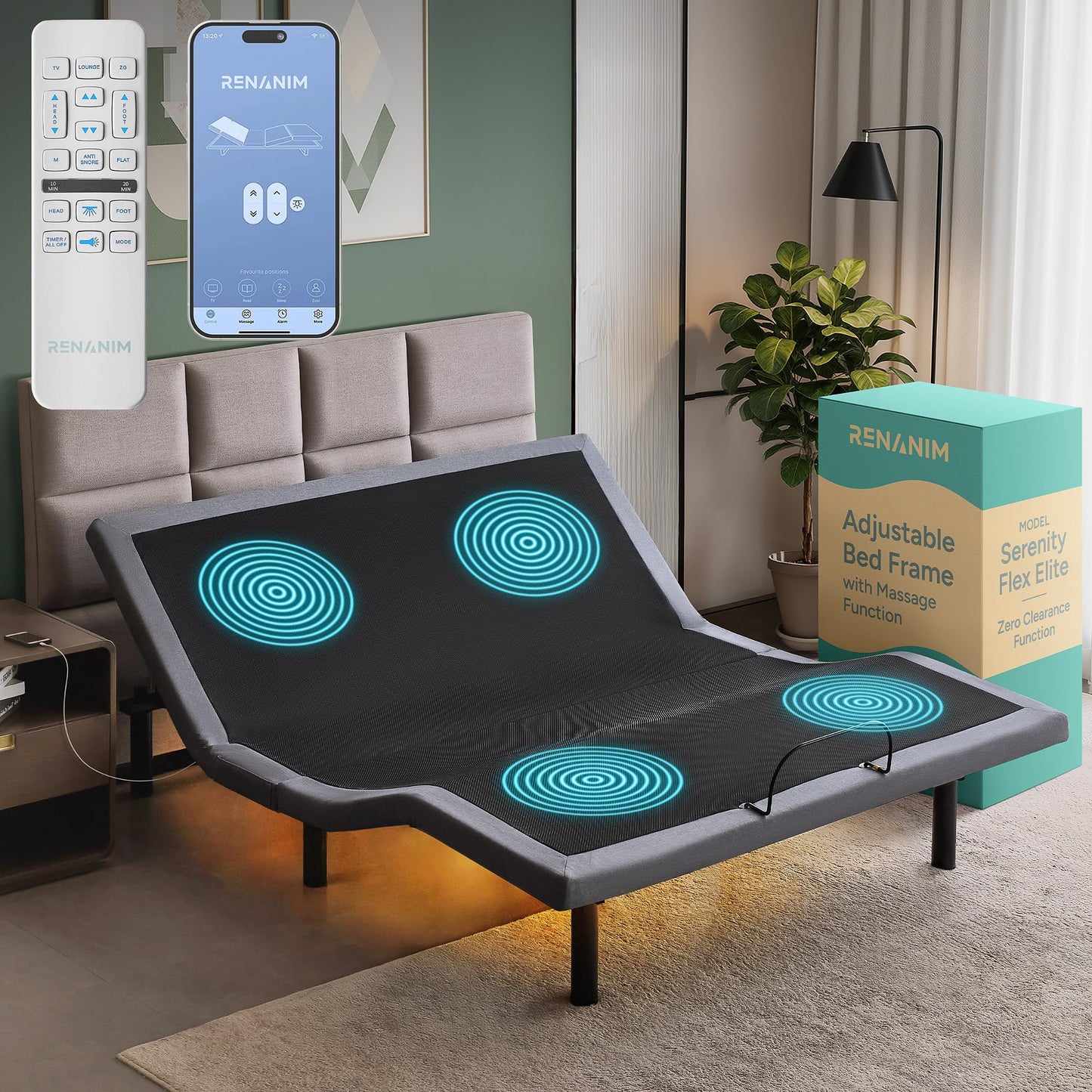 Renanim SFE Cal King Adjustable Bed Frame - Zero Clearance Smart Frame, Electric Massage, Wireless Remote for Head & Foot Lift, 3 Height-Adjustable Legs - Zero Gravity - Underbed Lights & 4 USB Ports