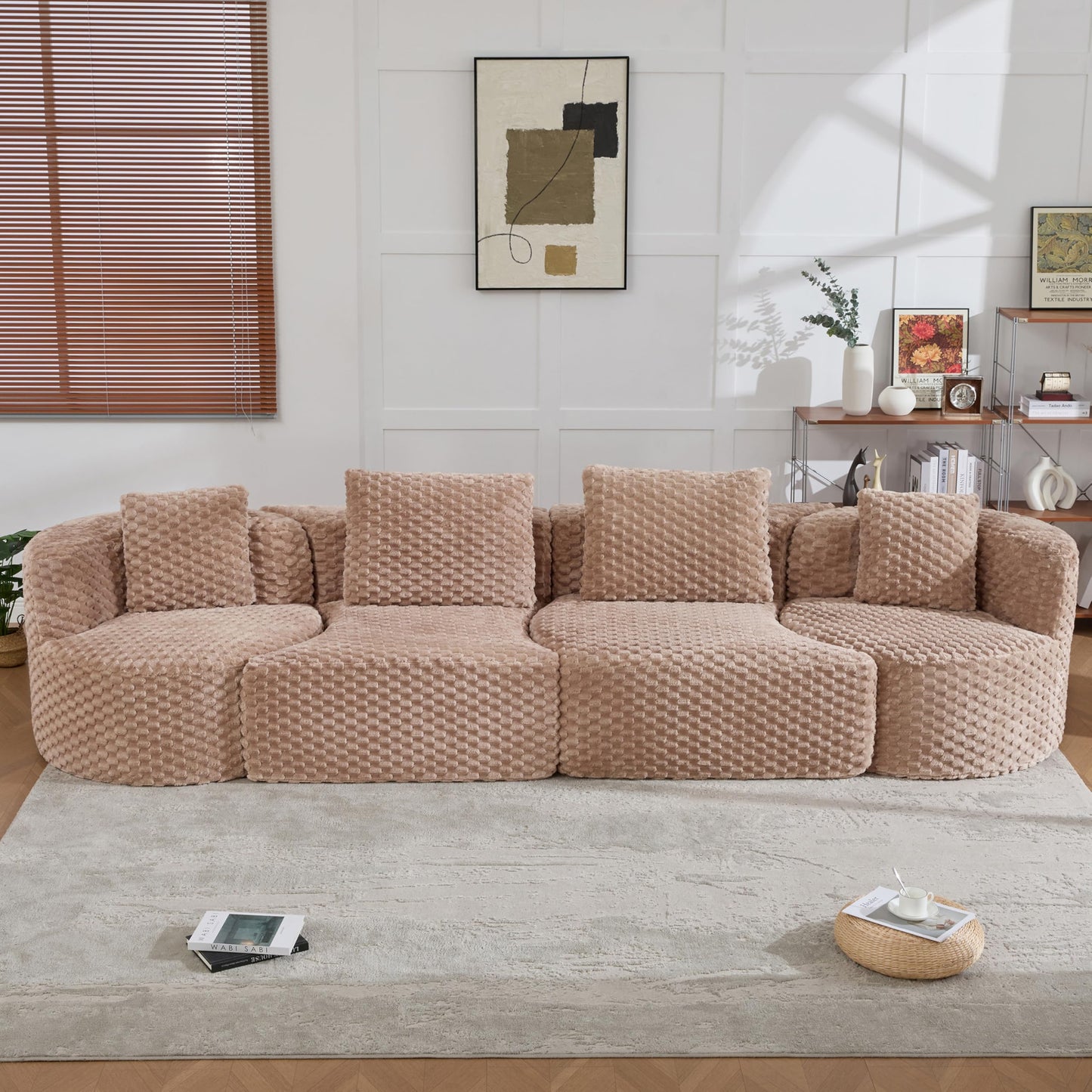 Merax 138" Curved Modular Sectional Sofa Set, Compressed 4 Seat Bubble-Velvet Boneless Sectional Couch Sofa with Deep Seat & Pillow, Comfy Cloud Soft Couches for Living Room, Easy Assembly, Camel