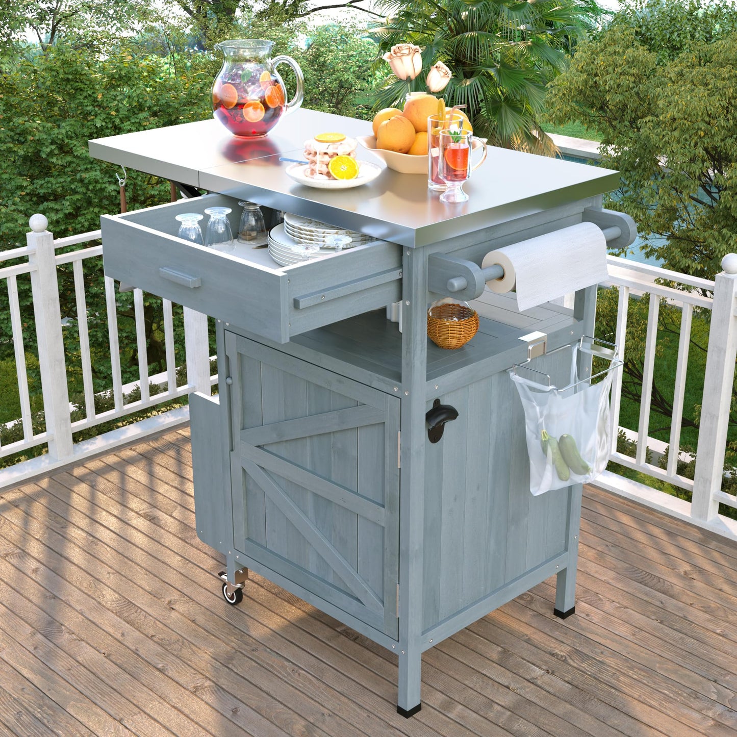 Merax Outdoor Grill Cart with Storage, Patio Kitchen Island Outdoor Grill Table with Lockable Wheels, BBQ Cart Movable Pizza Oven Table Stand with Foldable Tabletop, Blue+Grey