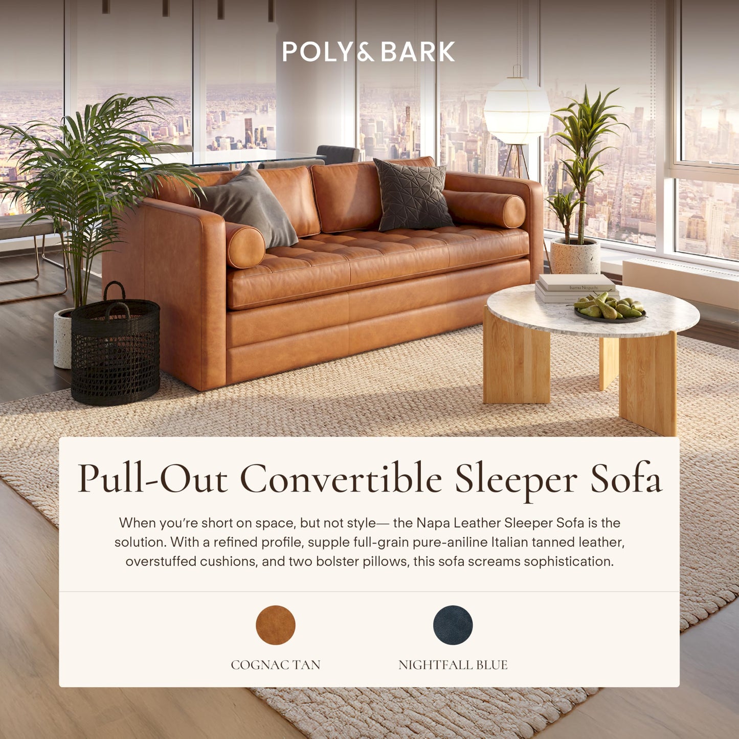 POLY & BARK Napa 82" Leather Pull‑Out Sleeper Sofa – Full‑Grain Italian Leather Upholstery,Tri‑Layer Mattress & Storage Console –Sophisticated Multi‑Functional Sofa Bed for Living Rooms & Guest Spaces