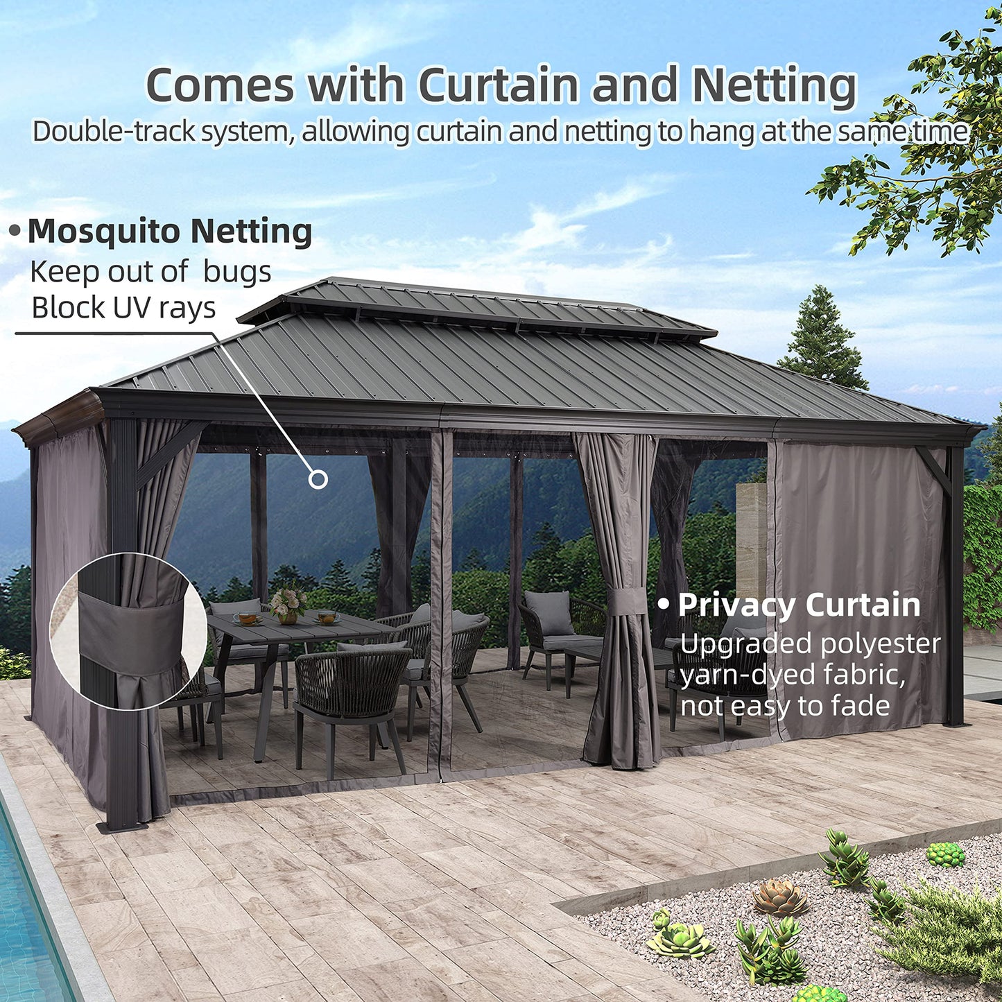 PURPLE LEAF 12' X 20' Permanent Hardtop Gazebo Aluminum Gazebo with Galvanized Steel Double Roof for Patio Lawn and Garden, Curtains and Netting Included, Grey