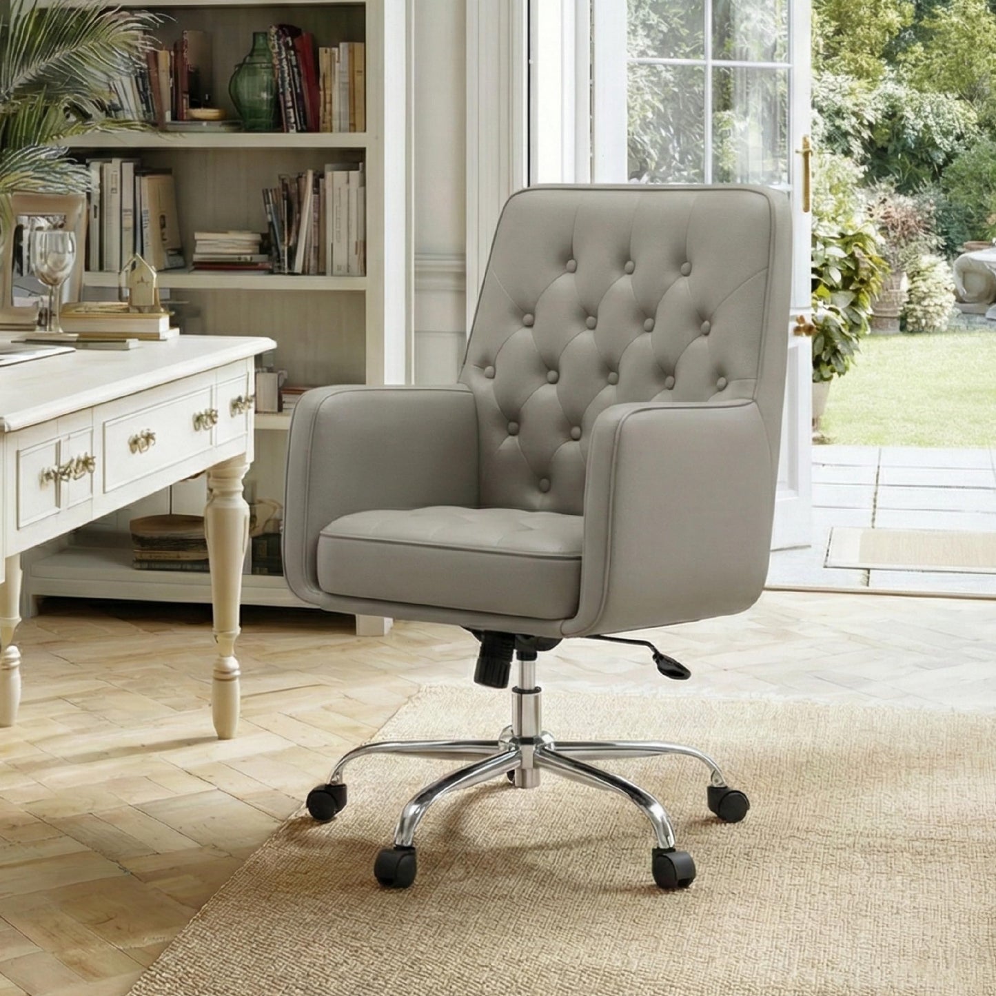 COLAMY Verso Home Desk Chair with Armrest, Leather Swivel Office Chair Adjustment Height with Wheels, Comfortable Padded Seat, Khaki