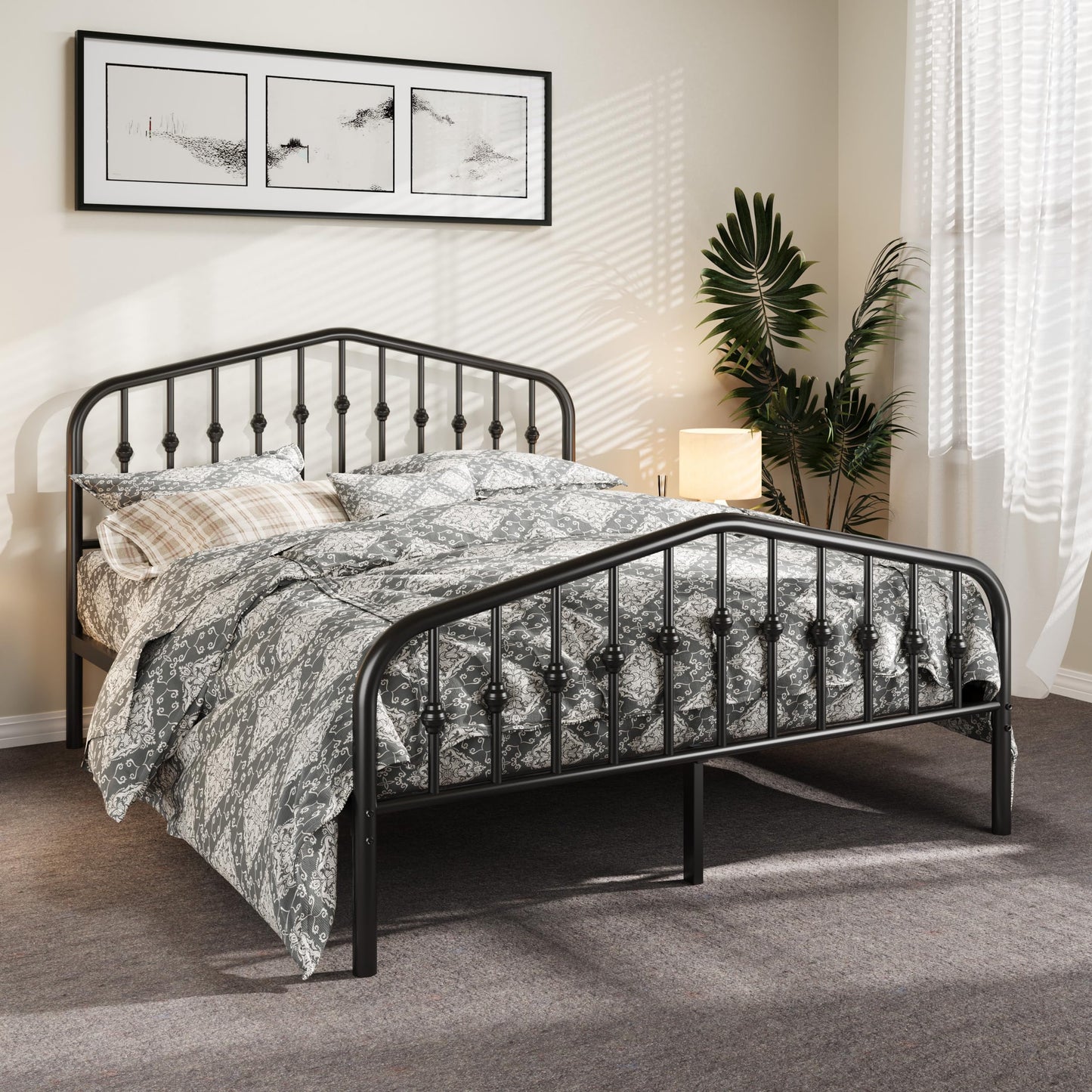Allewie Queen Size Platform Metal Bed Frame with Chic Headboard and Footboard, Modern Design with Storage Space, Easy Assembly, Black