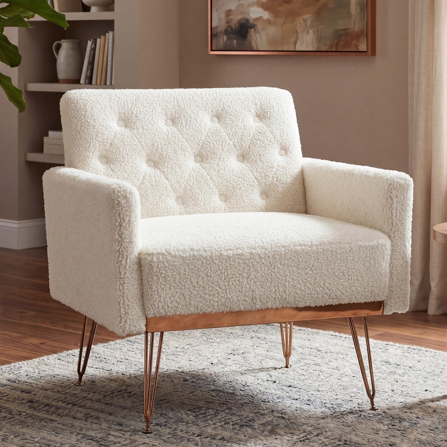 KEIKI Small Teddy Accent Chair, 31 Inch Modern Tufted Upholstered Armchair with Metal Leg, Comfortable Single Sofa Side Reading Chairs, Comfy Arm Chair for Bedroom Living Room, Easy Assembly, White