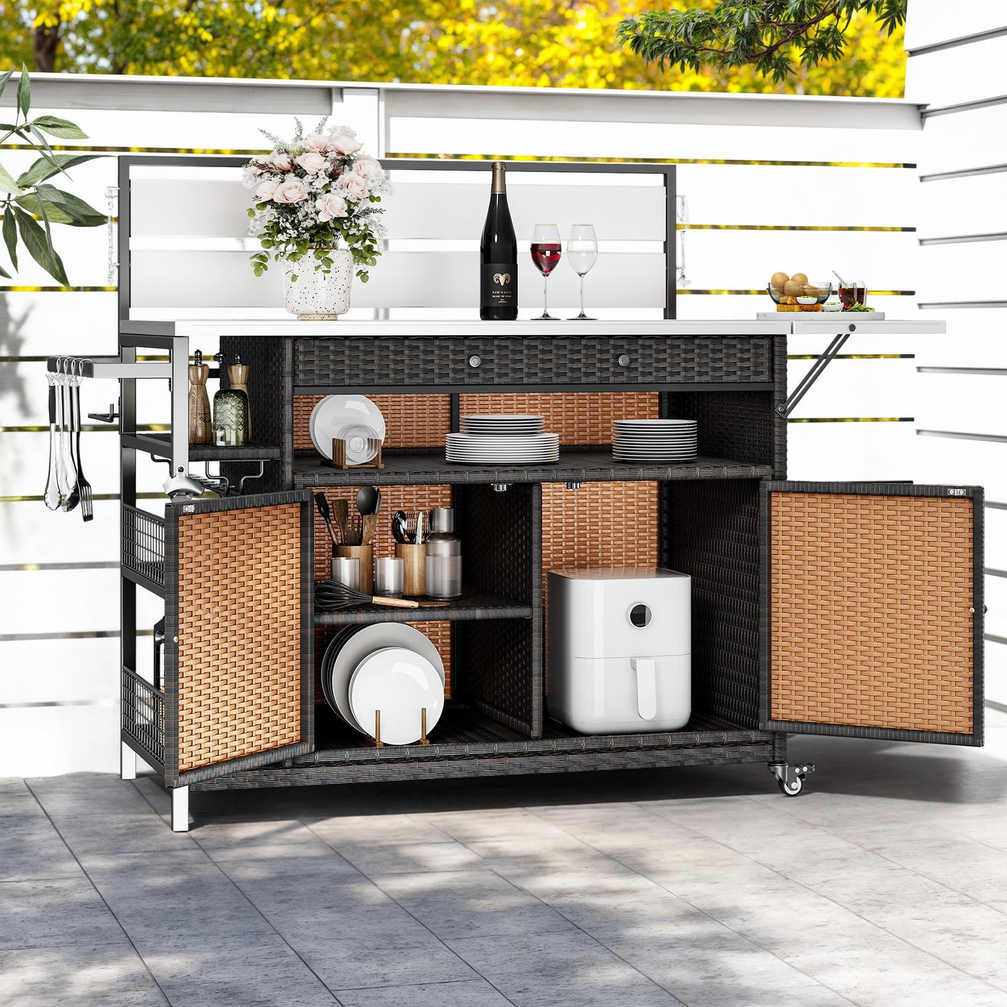 DWVO XL Outdoor Bar Table & Storage Cabinet, Wheels and Stainless Steel Extended Table Top, Patio Bar Table with Side Handle for Patio Kitchen or Bar Cart, Dark Brown