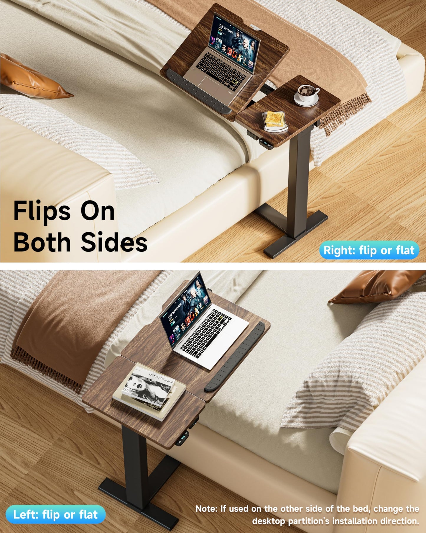 BIZUM Small Electric Standing Desk, Overbed Table Wireless Tilt Top with Hidden Wheels, 27.6×15.8 Inch Adjustable Rolling Laptop Desk, USB-C Rechargeable Battery, Walnut