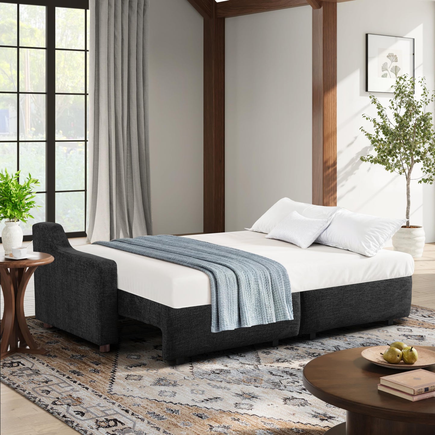 Serta Glendale 90.2" Queen Size Wall-Hugging Convertible Sofa, Dreamcoil Comfort, Chenille Fabric, Black