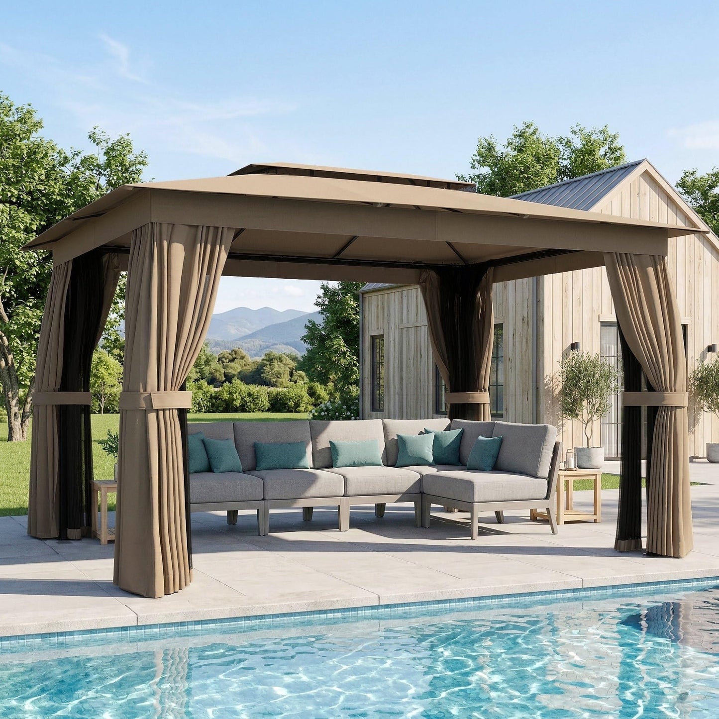 Outsunny 10' x 12' Outdoor Patio Gazebo, Heavy Duty Gazebo Canopy Shelter with Double Roof, Curtains, Netting, Steel Frame, UPF30+ Protection, Ceiling Hooks for Lawn, Backyard, Deck, Khaki
