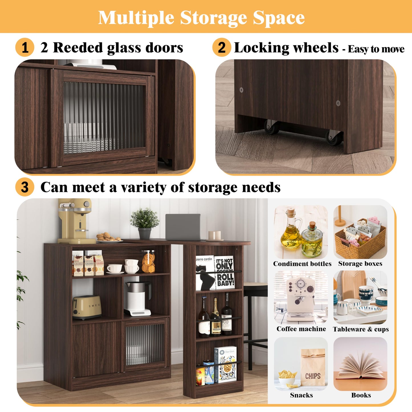 GDFStudio Modern Bar Cabinet with Rotating Top, Counter-Height Kitchen Dining Cabinet with 2 Ribbed Glass Doors & 6 Storage Shelves, Home Bar with Shelves, Living Room Storage Furniture, Walnut Brown