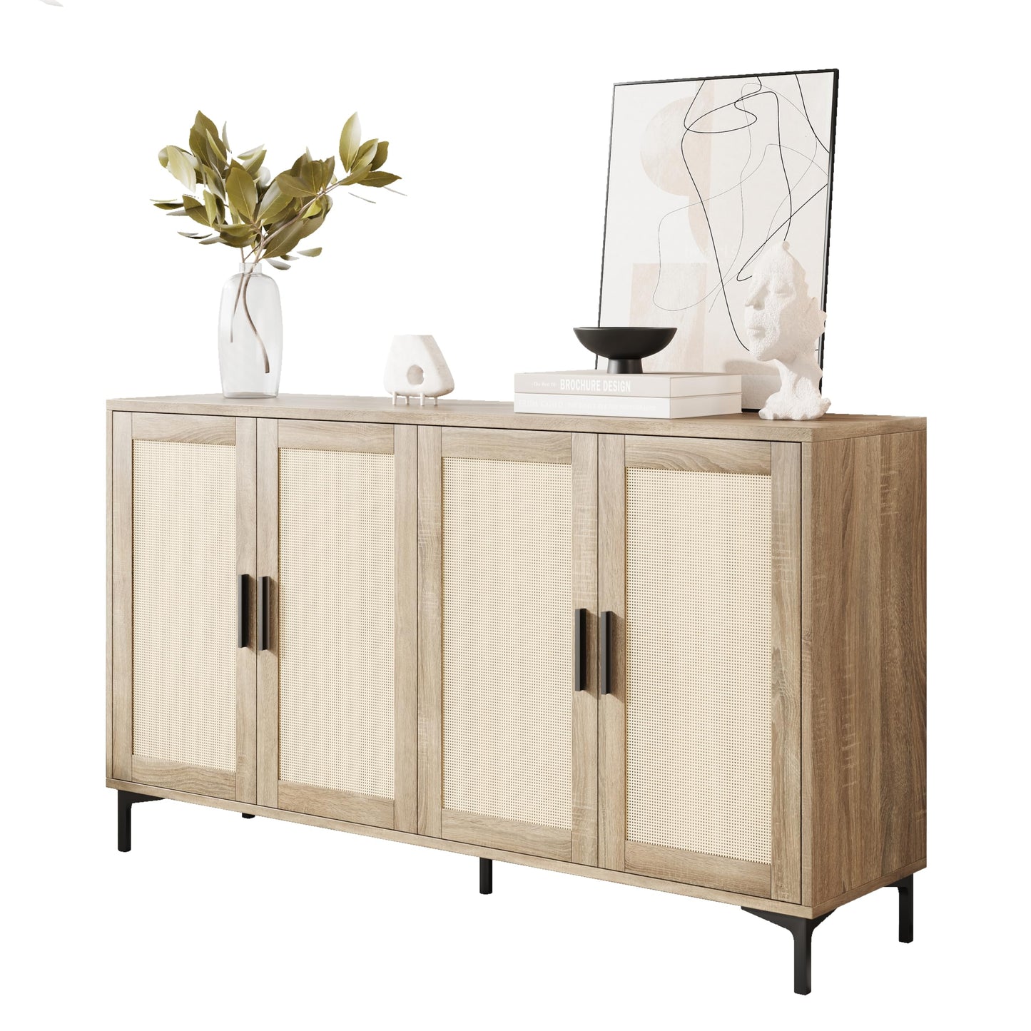 JASIWAY Buffet Cabinet with Storage, 48" Rattan Coffee Bar Cabinet Station