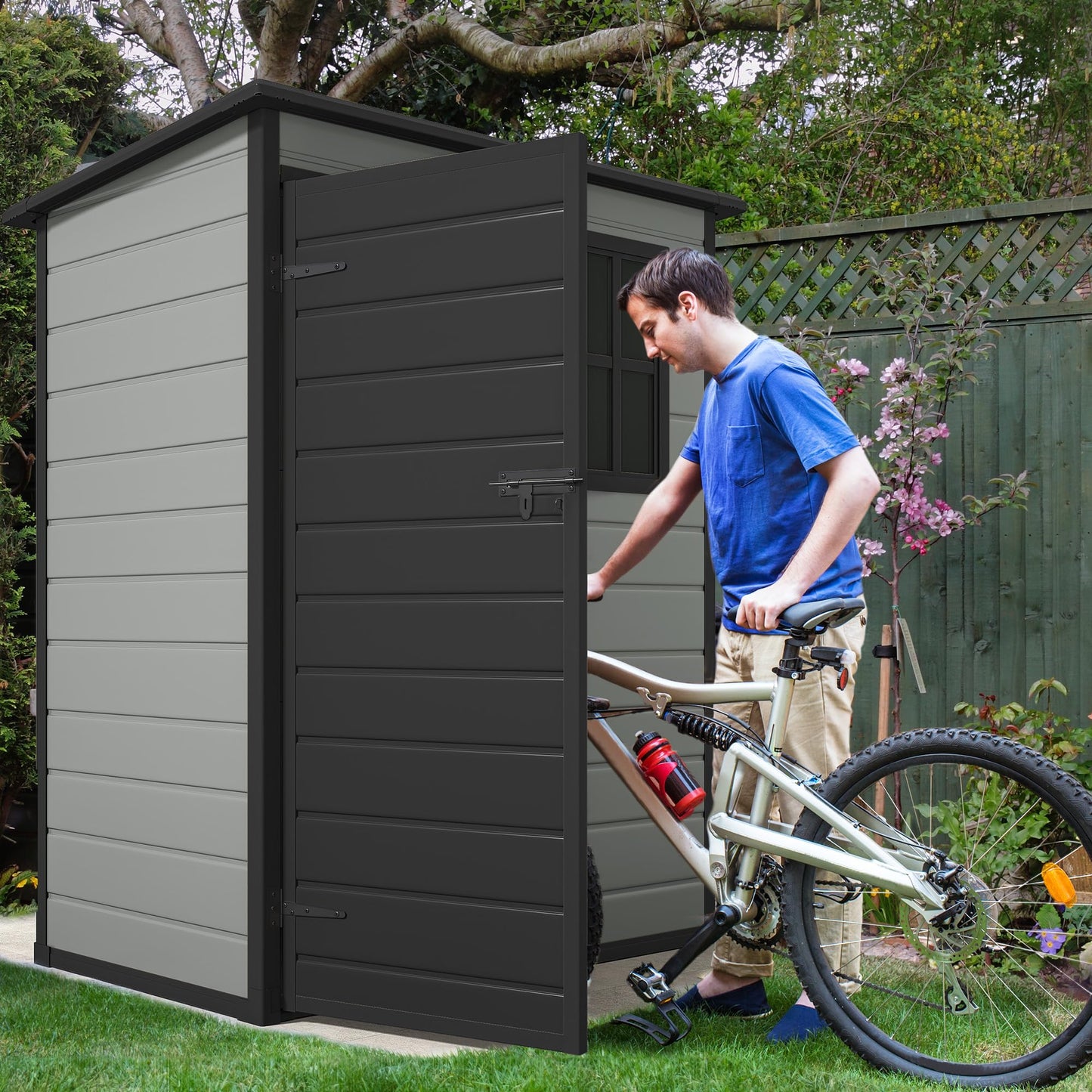 DWVO 5x3ft Resin Outdoor Storage Shed with Floor, Waterproof Lockable Storage Shed with Window, Plastic Outside Tool Storage for Garden, Backyard, Patio, Lawn,Blue-Gray+Black