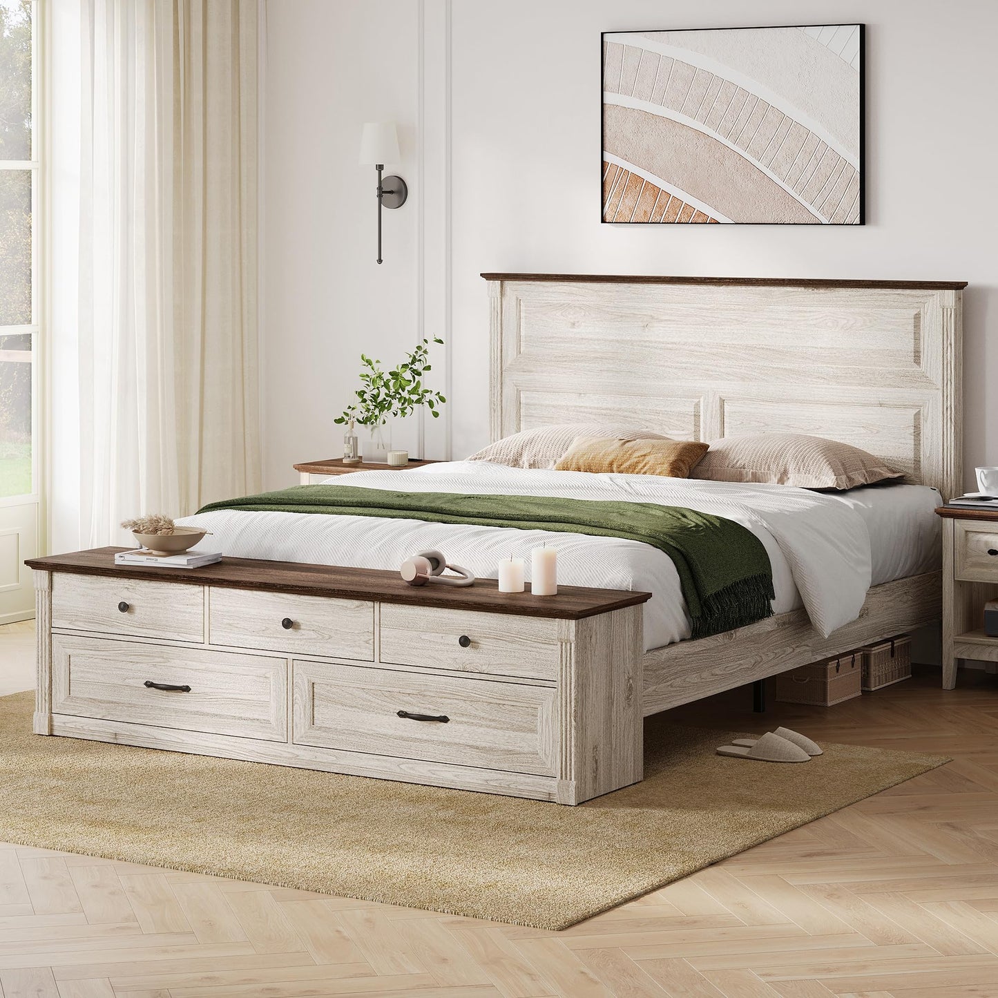 LINSY Storage Bed Frame Queen Bedframe with Drawers, Farmhouse Bed Frame Queen-Size with Headboard and Footboard Bench, Tall Bed Frames Wooden Platform Beds with Storage, No Box Spring, Antique White