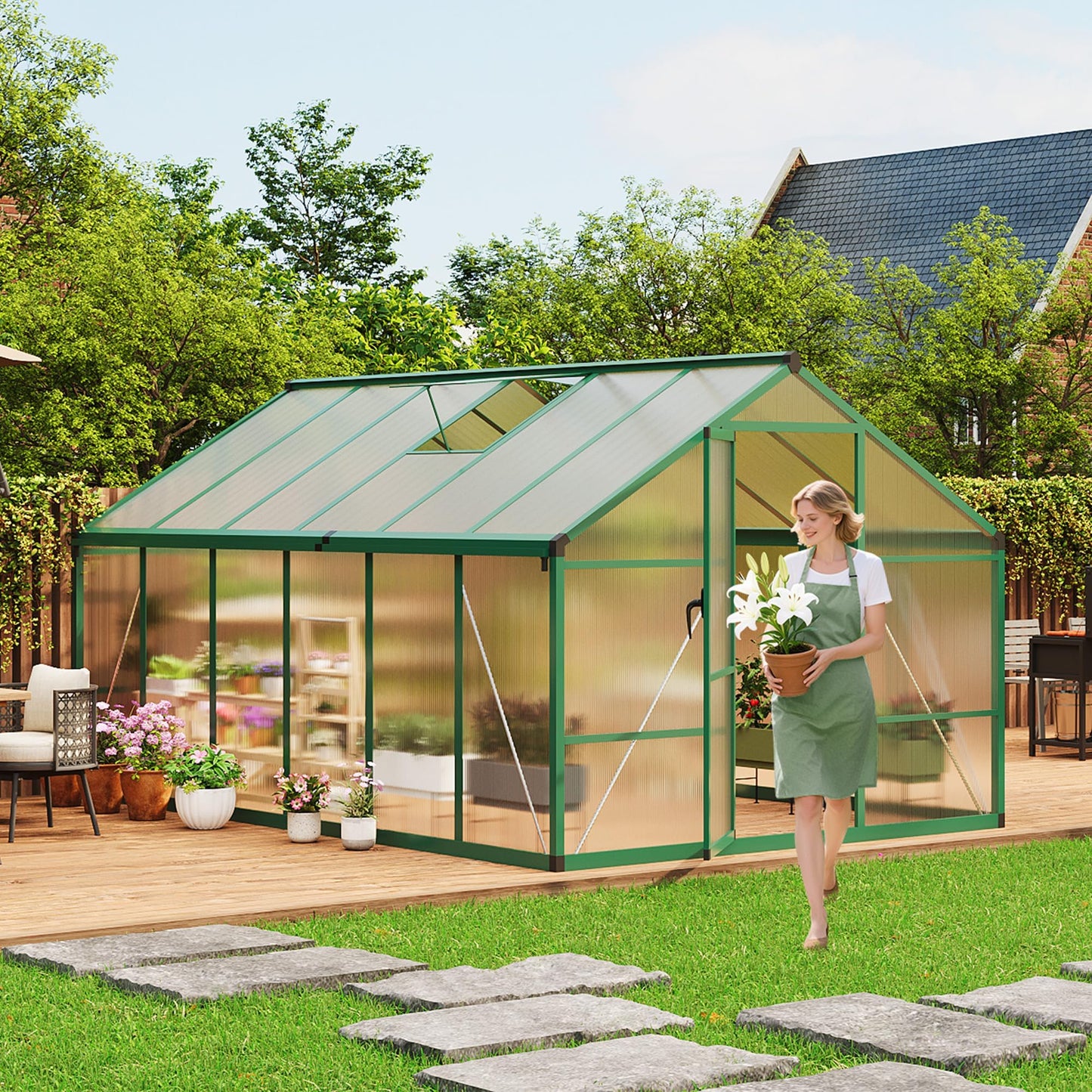 8x12 FT Polycarbonate Greenhouse for Outdoors, Aluminum Frame Green House with Lockable Door, Adjustable Roof Vent and Rain Gutters for Backyard, Garden, Patio
