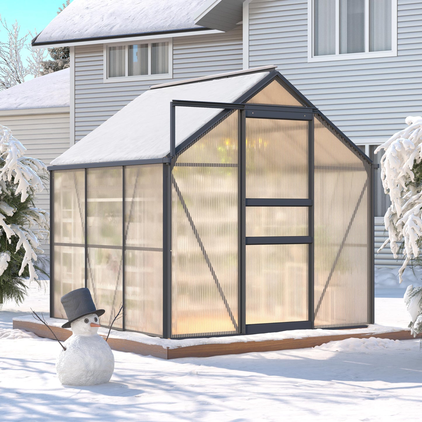 GarveeHome 6x6 FT Walk-in Polycarbonate Greenhouse - Heavy Duty Aluminum Frame with Base Kit, 4mm Double-Wall UV Protected Panels, 5-Position Adjustable Roof Vent & Sliding Door, Winter Plant House