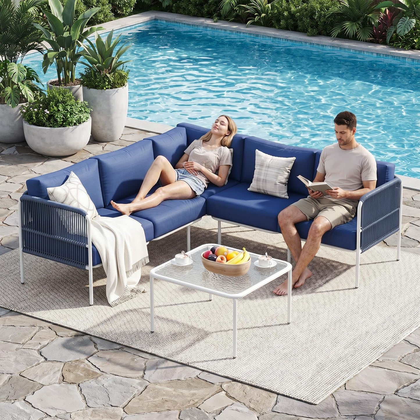 Jocoevol Patio Furniture Set, 6 Pieces Outdoor Sectional Sofa Set, L-Shaped Metal Patio Conversation Set with Side Table, Thick Cushions, All Weather Outdoor Couch for Backyard, Balcony, Garden