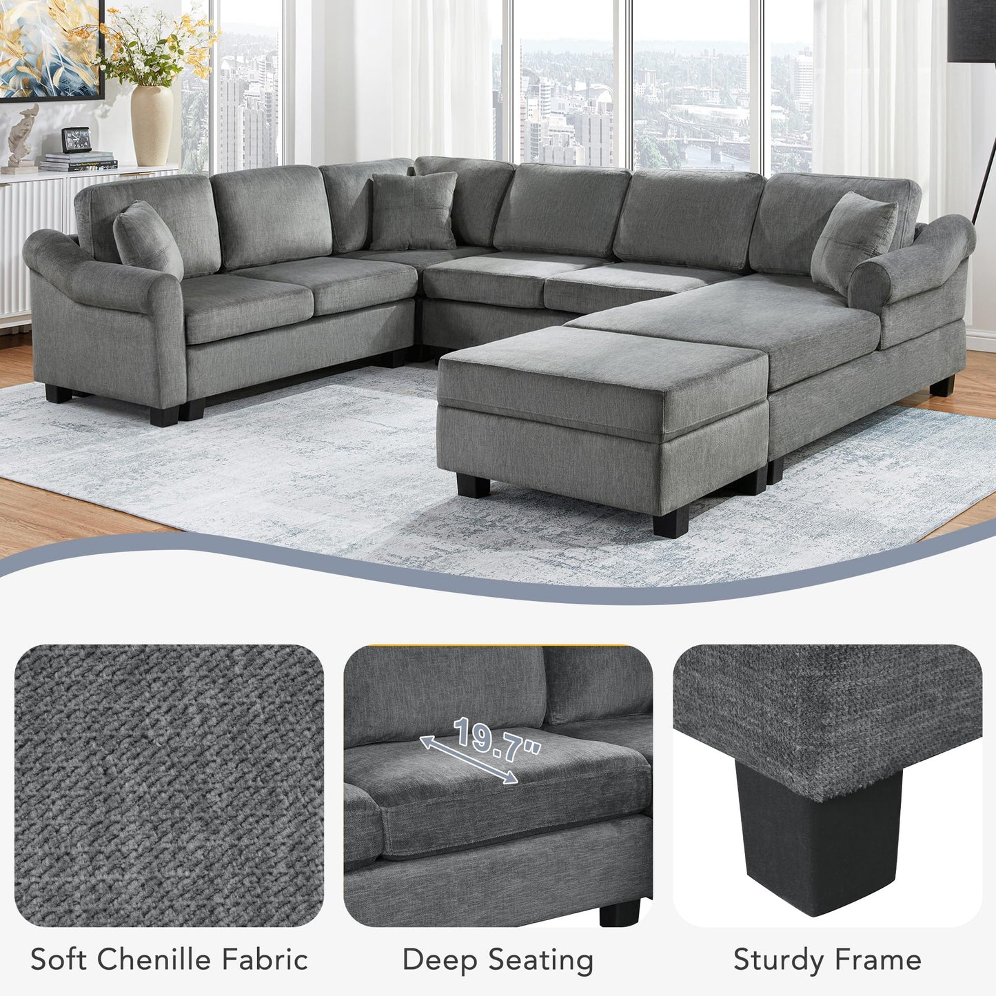 ERYE 112-Inch U-Shaped Sectional Sofa with Movable Storage Ottoman, Oversized Chenille Upholstered Corner Modular Sofa Couch W/Right Facing Chaise Lounge and 3 Toss Pillows
