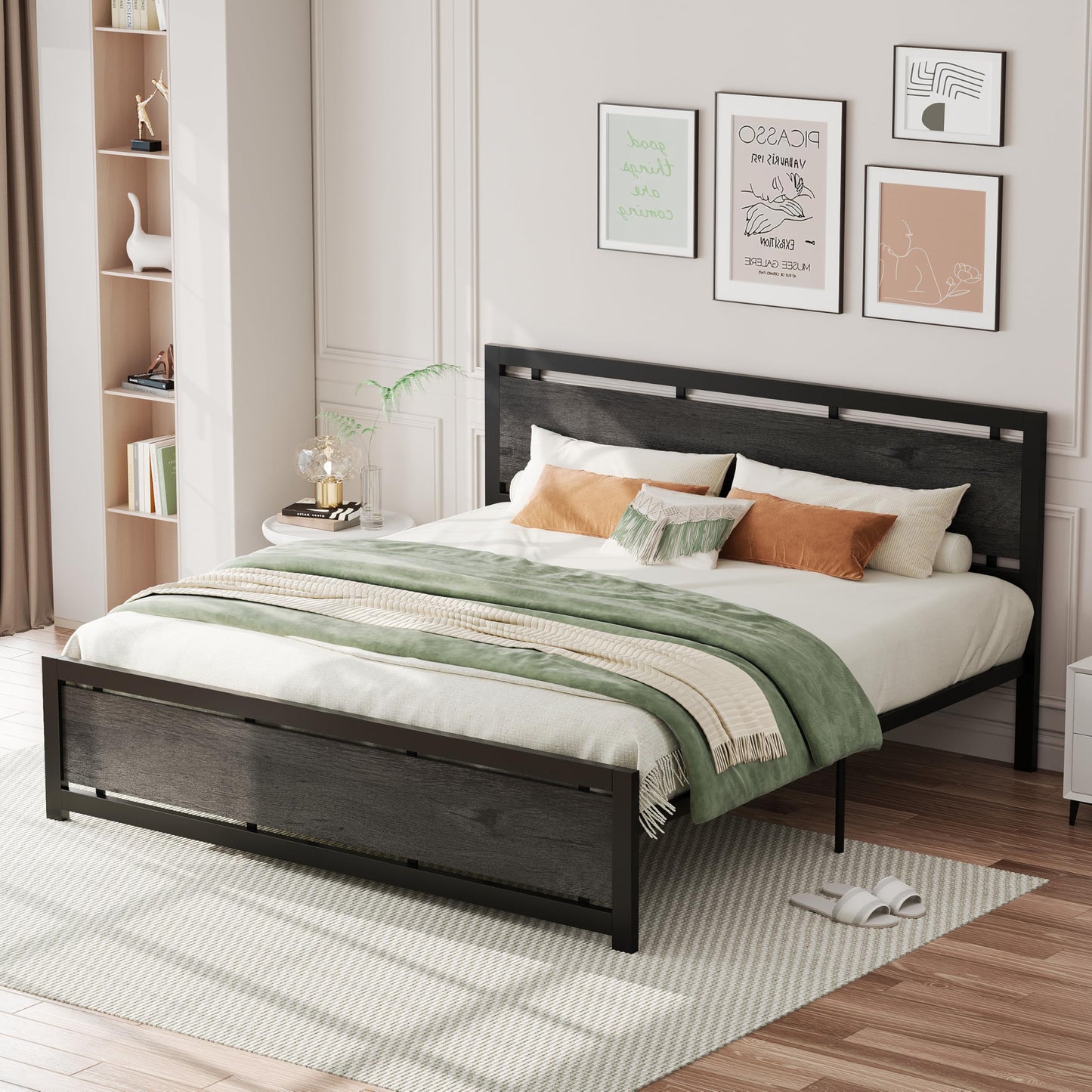 LIKIMIO King Bed Frame with Headboard and Footboard, Metal Strong Supports, Easy Assembly, Noise-Free, No Box Spring Needed, Charcoal Grey