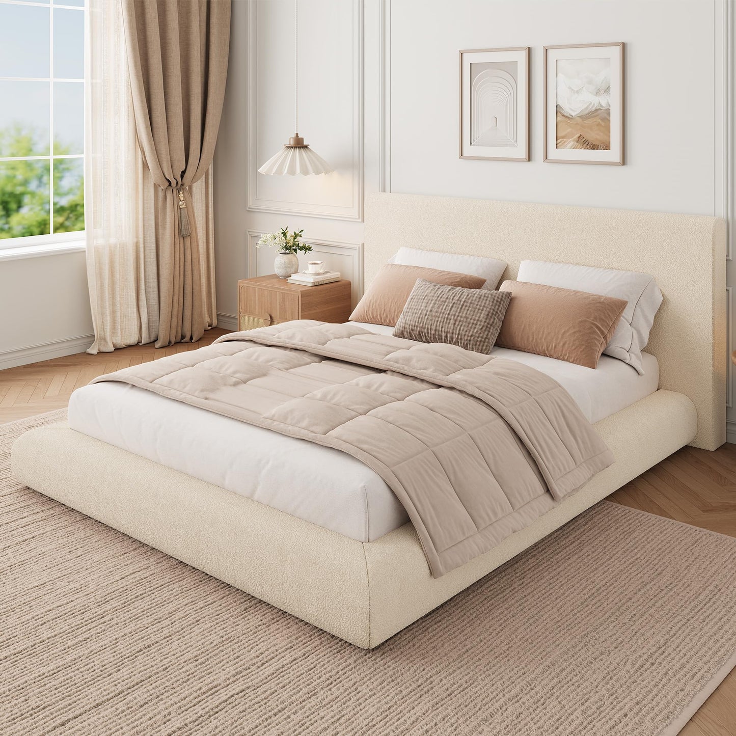 Garvee Queen Size Bed Frame with Upholstered Headboard, Modern Cloud Platform Bed Queen, No Box Spring Needed, Easy Assembly, Soft Plush Fabric, White