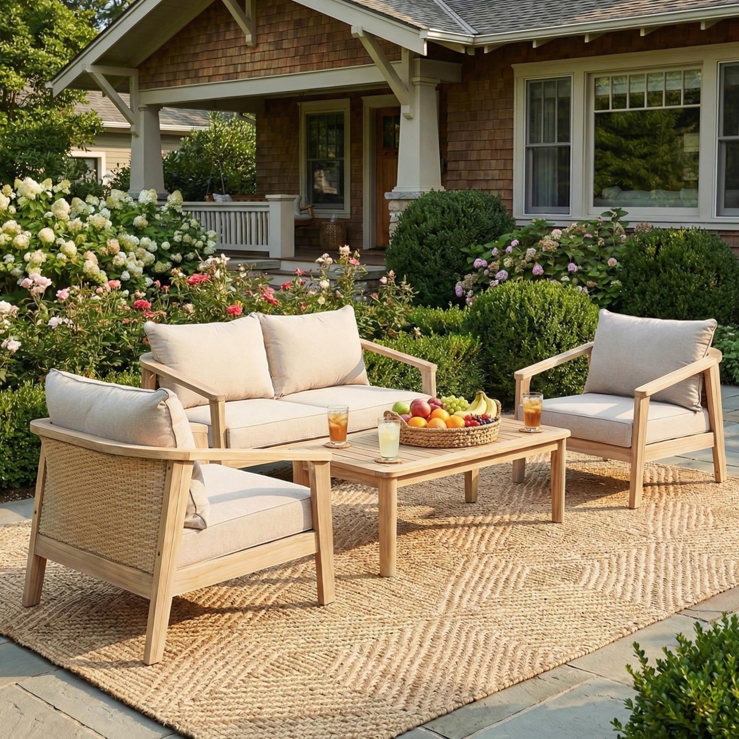 Christopher Knight Home Mayeo 4-Piece Acacia Wood Patio Furniture Set, Outdoor Conversation Sofa Set with Club Chair and Coffee Table, Patio Sectional Chat Set for Backyard Balcony, Light White+Beige