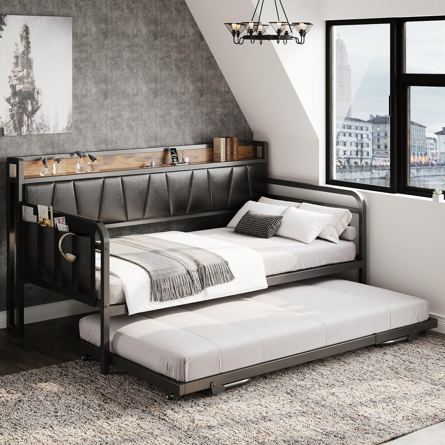 LIKIMIO Twin Daybed, Day Bed with Trundle, Storage Upholstered Headboard and Charging Station, Trundle Bed with Strong Supports for Living Room, Bedroom, and Guest Room, Black