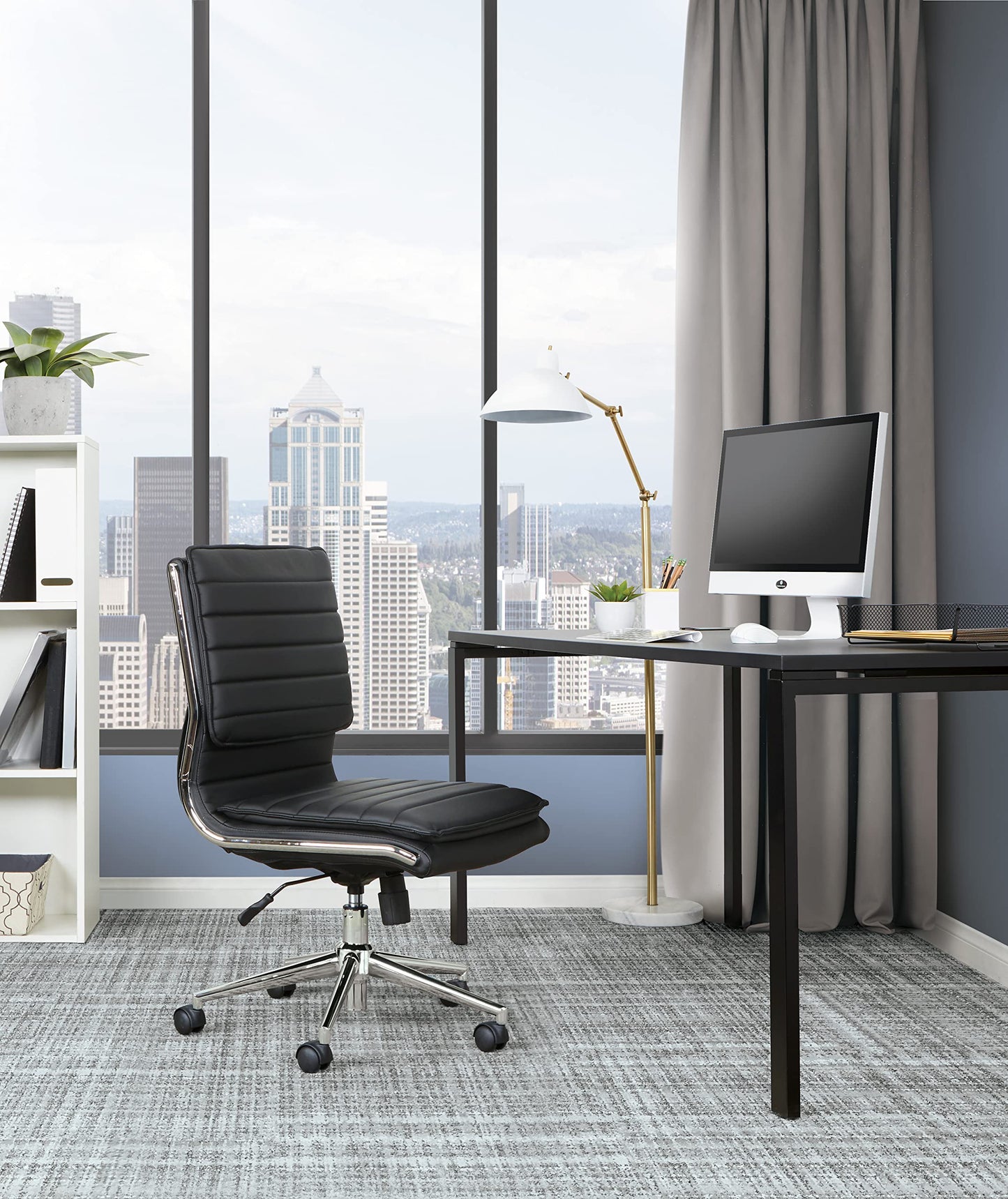 Office Star SPX Professional Ergonomic Ribbed Faux Leather Office Chair with Chrome Base, Mid Back Manager's Chair Without Arms, Black