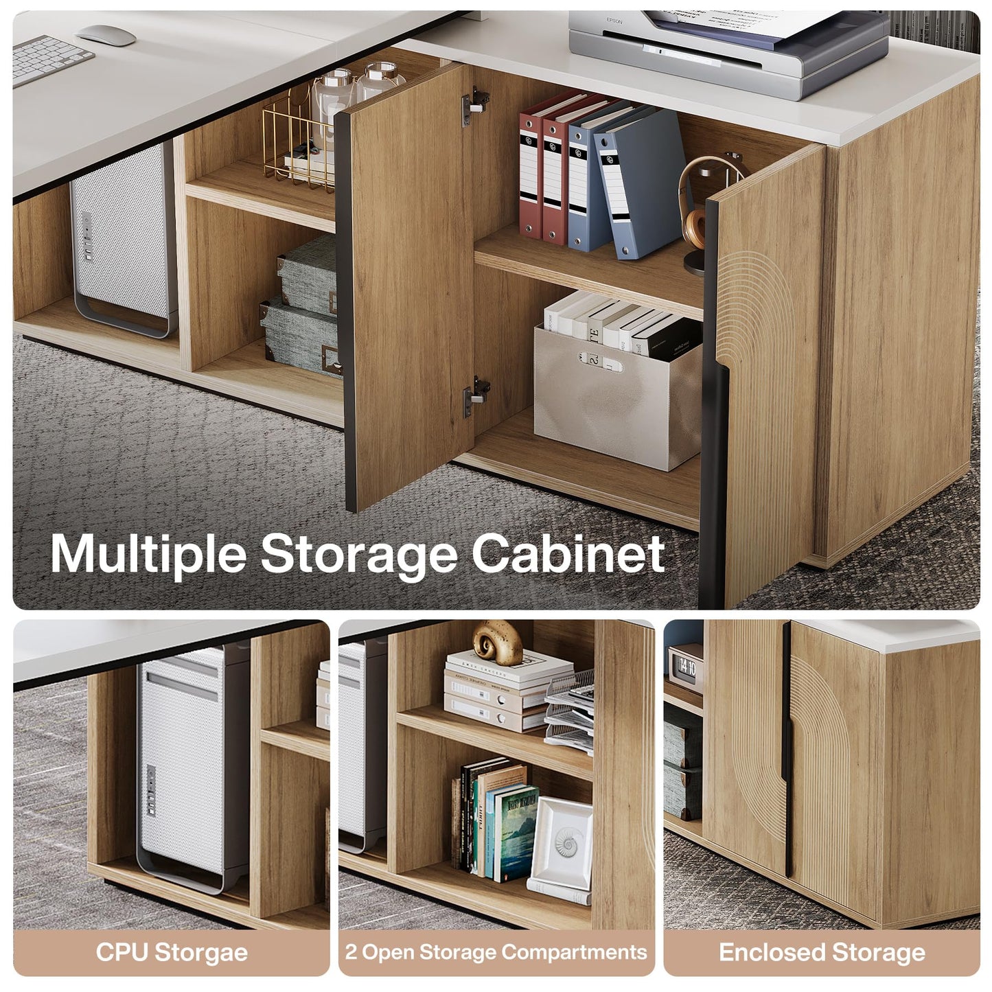 Tribesigns 74.8 Inch Executive Desk, Large Office Desk with Cabinet, L Shaped Computer Desk with Shelves and CPU Storage, Modern Home Office Desks Business Furniture Workstation Set, White and Wood
