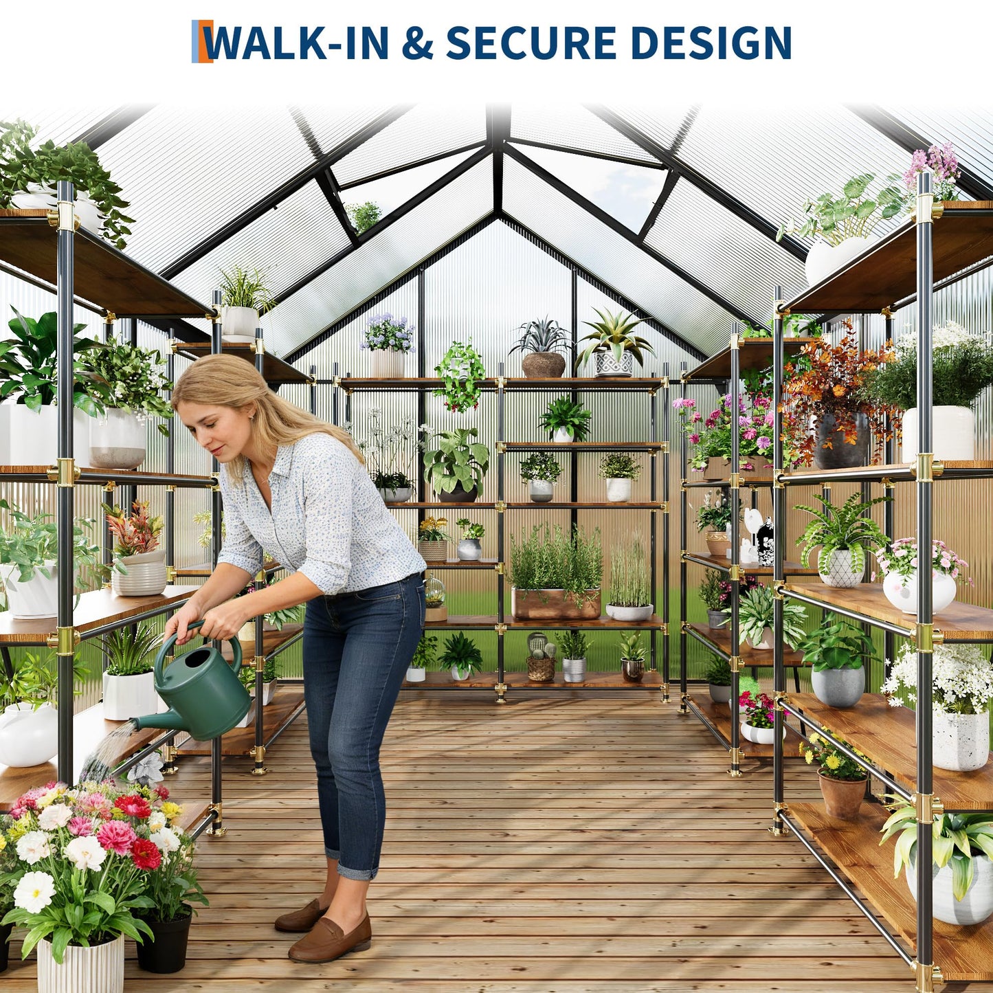 GarveeHome 6x8FT Greenhouse, Large Walk-in Polycarbonate Greenhouse with Adjustable Vent Window, Sliding Door, Portable Green House Kit for Outdoors, Winter