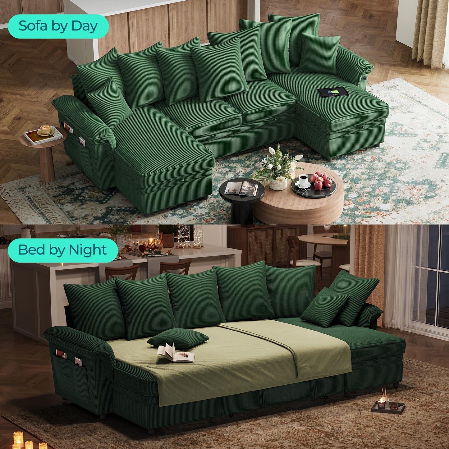 LINSY HOME Oversized Sectional Sleeper Sofa with Pull Out Couch Bed (Green, 118.5'')