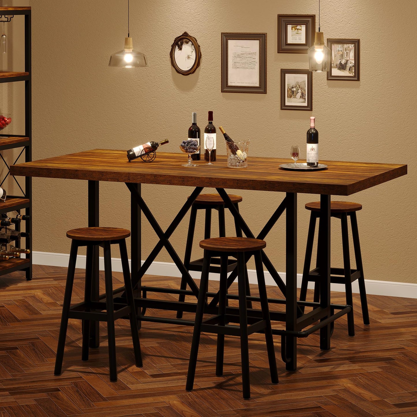 Tribesigns Bar Table, Industrial Counter Height Pub Table with Metal Footrest, 63-Inch Rectangle Wood Kitchen Dining Table with Sturdy Metal Frame for Dining Room, Home Bar (Brown)