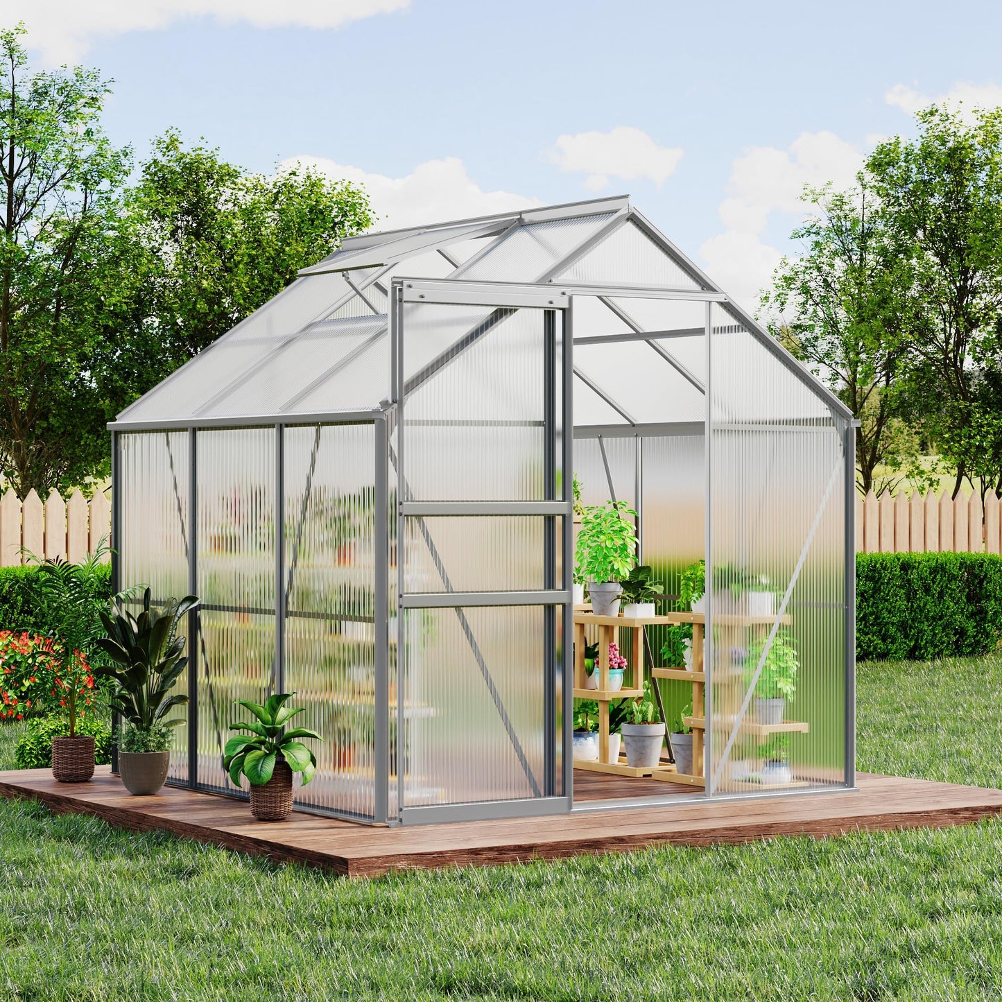 IDEALHOUSE 6x6 ft Polycarbonate Greenhouse with Adjustable Roof Vent, Walk-in Greenhouse for Outdoor Garden Backyard, Heavy Duty Aluminum Frame, 720g/M² PC Panels, Silver