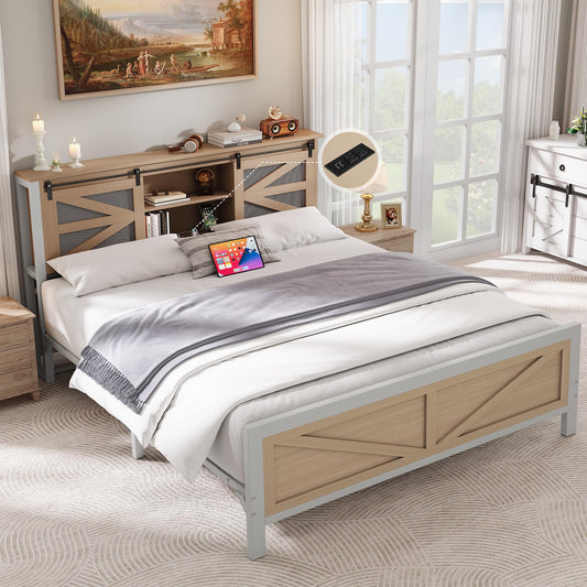 YITAHOME Farmhouse Queen Size Bed Frame with Headboard, Bookcase Storage Shelves, Sliding Grid Barn Door, Charging Station, Rustic Wood Platform Bed, No Box Spring Needed, Oak