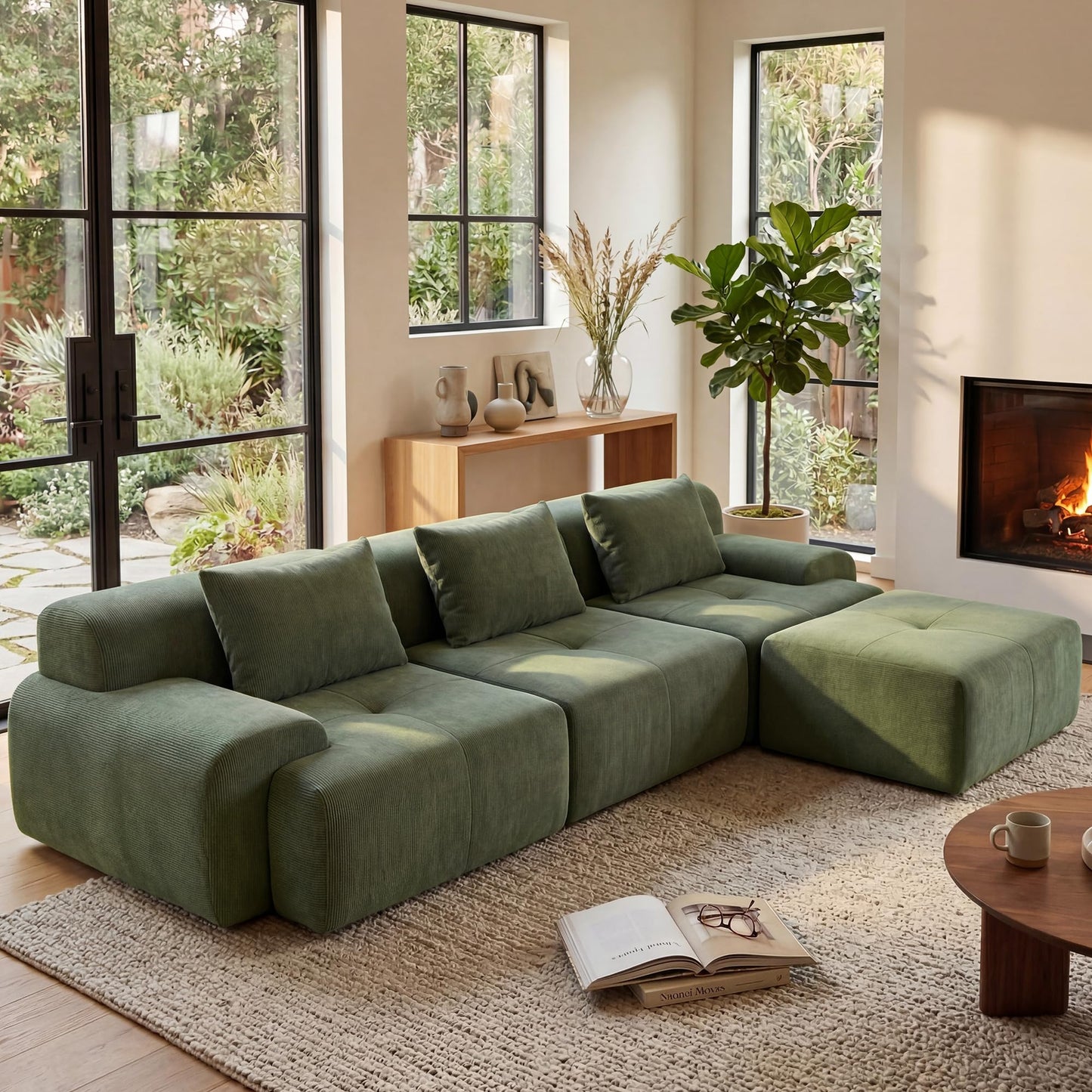 GRUSIGN 108'' Modular Sectional Boneless Sofa, Tufted Sectional Couches for Living Room,Oversized L Shape Deep Seat Sofa with Ottoman & 3 Throw Pillows,Corduroy Cloud Couch,Green