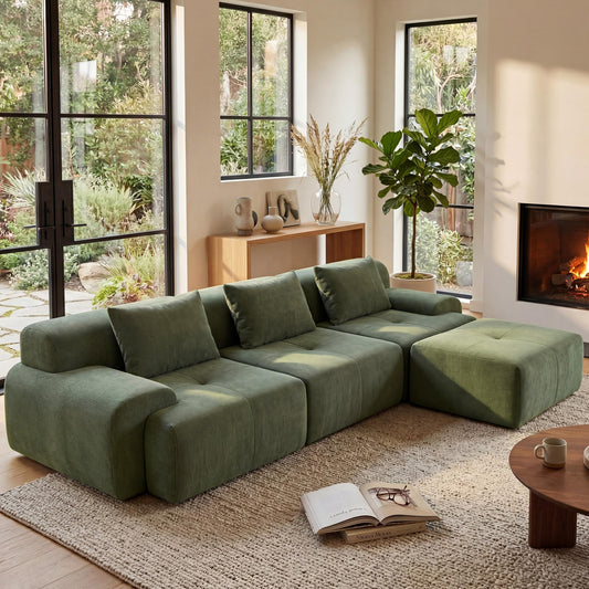GRUSIGN 108'' Modular Sectional Boneless Sofa, Tufted Sectional Couches for Living Room,Oversized L Shape Deep Seat Sofa with Ottoman & 3 Throw Pillows,Corduroy Cloud Couch,Green