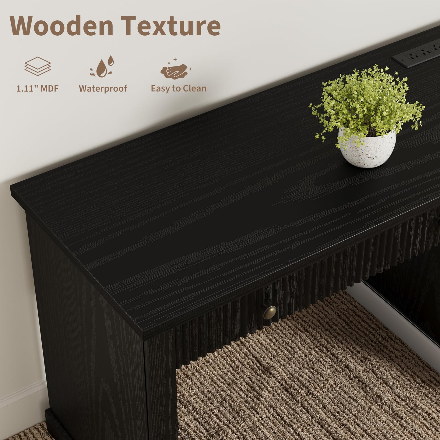 IDEALHOUSE Modern 54" Executive Office Desk with Fluted Details & Charging Station - Wooden Computer Desk with File Drawers, Home Office Storage Desk for Study, Living Room or Bedroom, Black