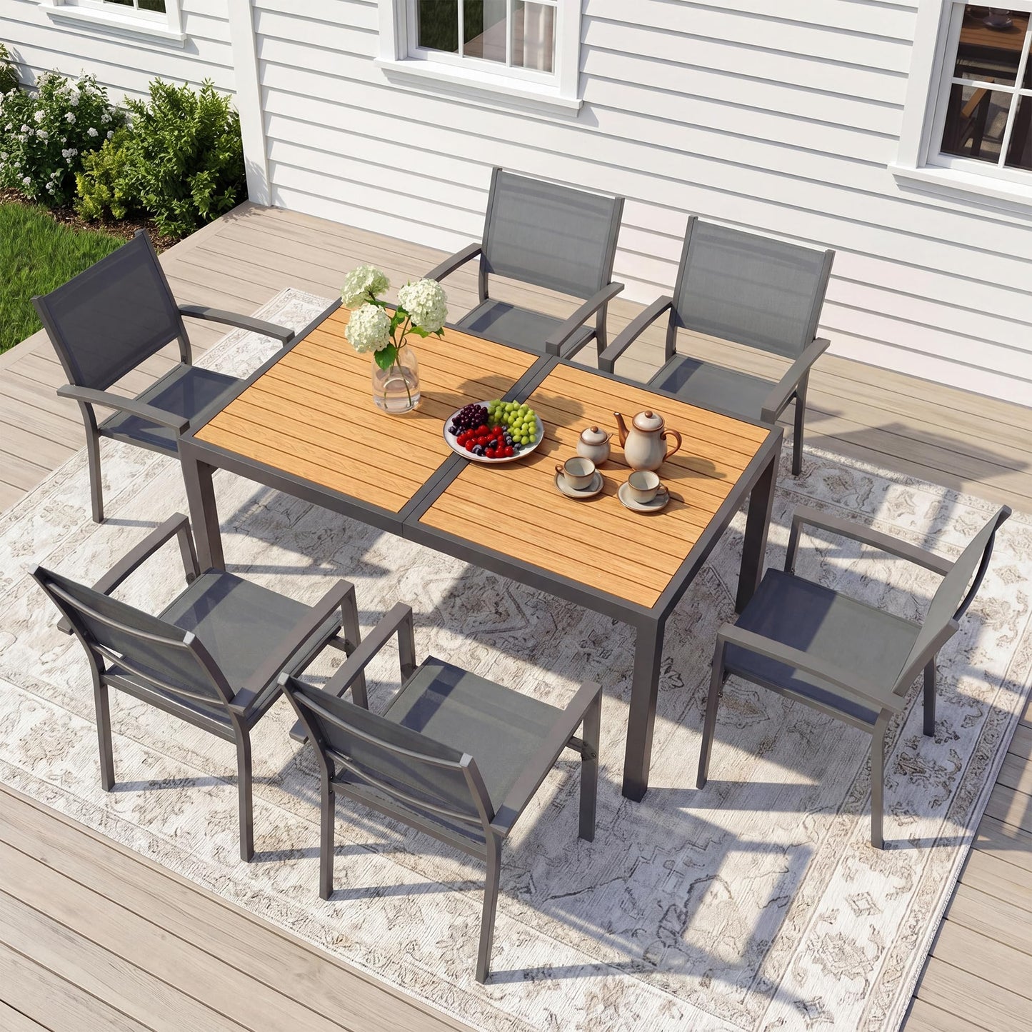 Patio Table and Chairs for 6, Outdoor Patio Dining Furniture Set with Aluminum Table and Metal Textilene Chairs, All-Weather Patio Table Set with HDPS Rectangular Tabletop for Garden Porch