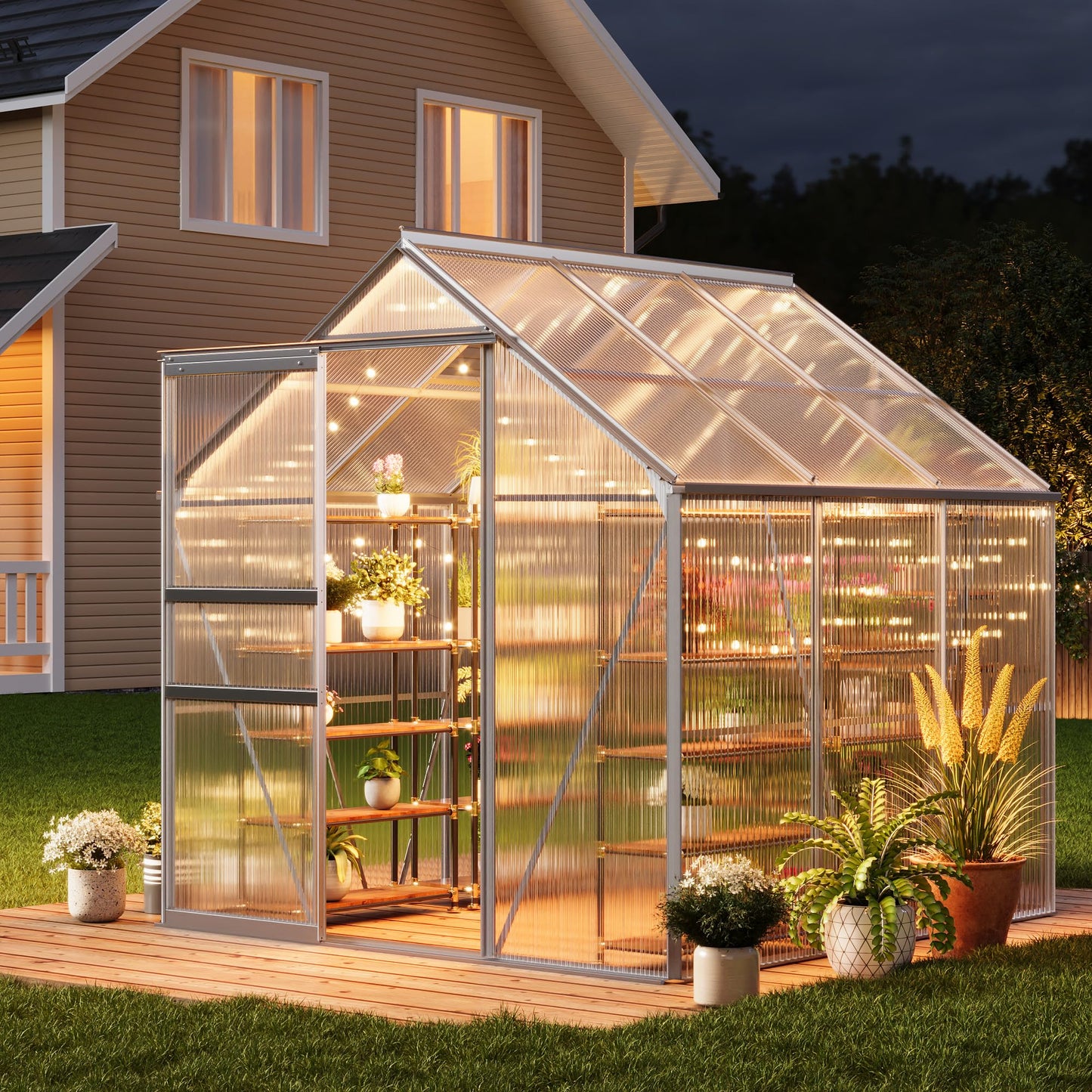 GarveeHome 6x6 FT Walk-in Greenhouse, Large Polycarbonate Green House with Sliding Door & Adjustable Roof Vent, Heavy-Duty Weatherproof Outdoor Greenhouse for Patio, Backyard, Garden