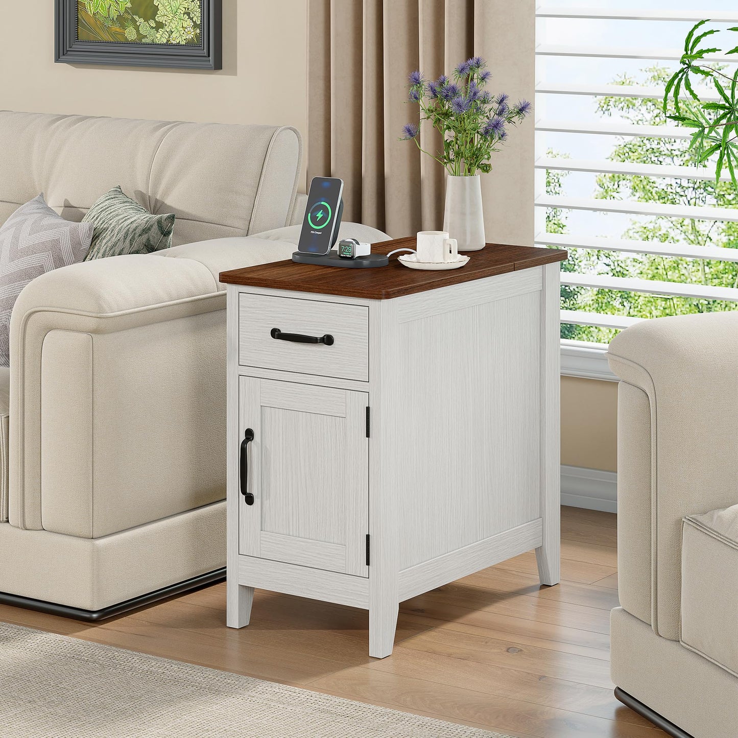 Alohappy End Table Set of 2 with Charging Station, Narrow Side Table with Hidden Flip Top & Power Strip, Farmhouse Nightstand with Drawer and Storage Cabinet for Living Room, Bedroom (2, White)