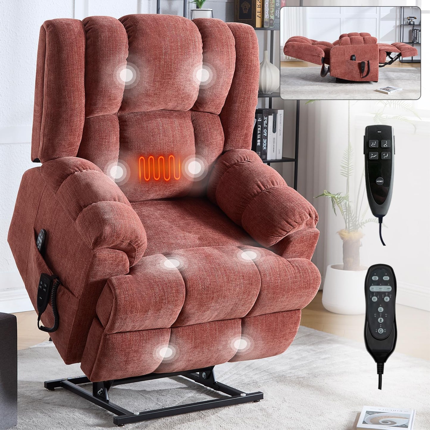 GDFStudio Dual Motor Power Lift Recliner Chair with Massage and Lumbar Heat, Heavy Duty Electric Reclining Chair with Remote Control, Supports Up to 350 LBS, Red