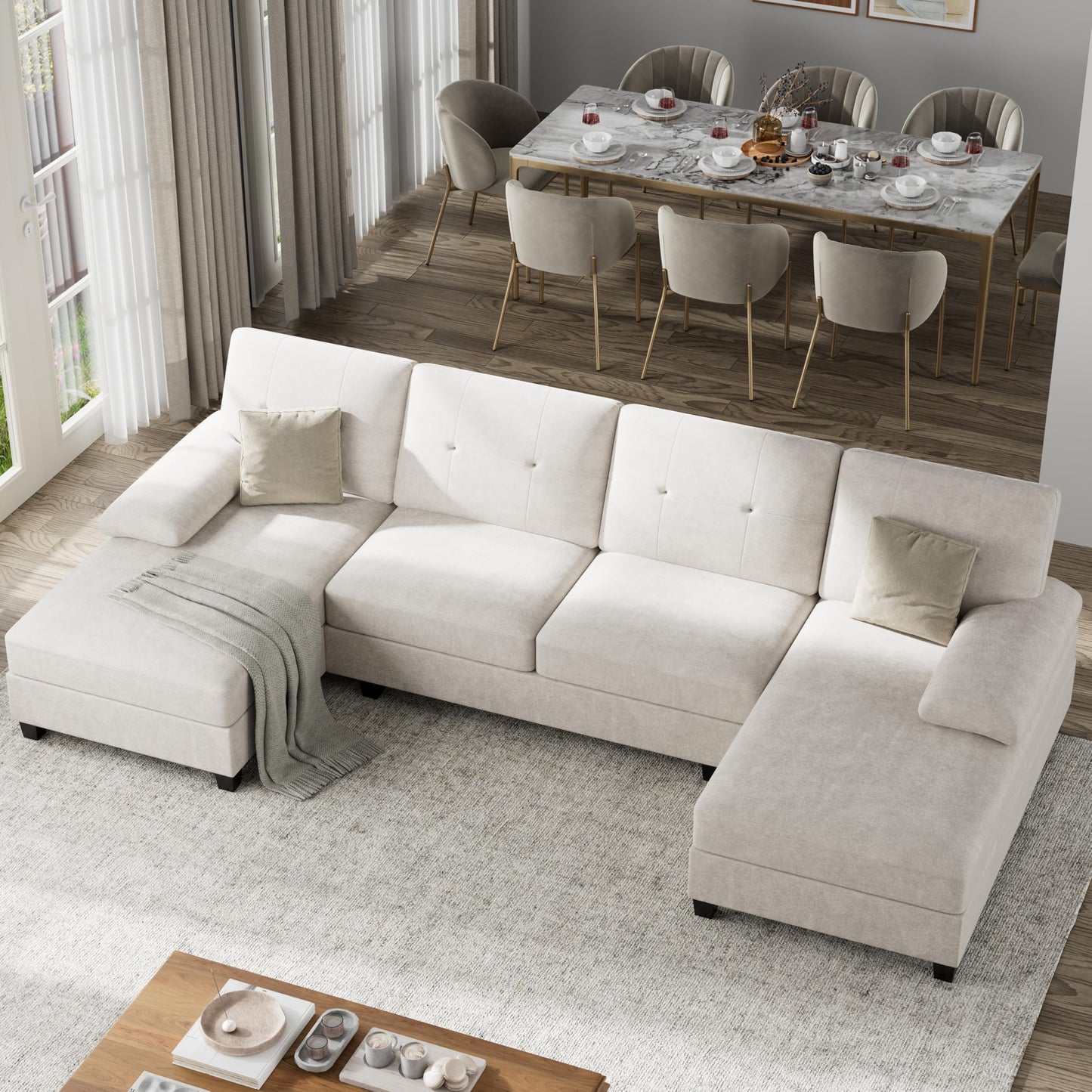 Shintenchi U-Shaped Sectional Couches for Living Room, 4 Seat Sofa with Double Chaise Lounges,Solid Wood Frame Sectional Sofa for Apartment,White
