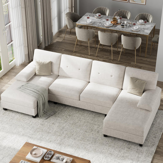 Shintenchi U-Shaped Sectional Couches for Living Room, 4 Seat Sofa with Double Chaise Lounges,Solid Wood Frame Sectional Sofa for Apartment,White