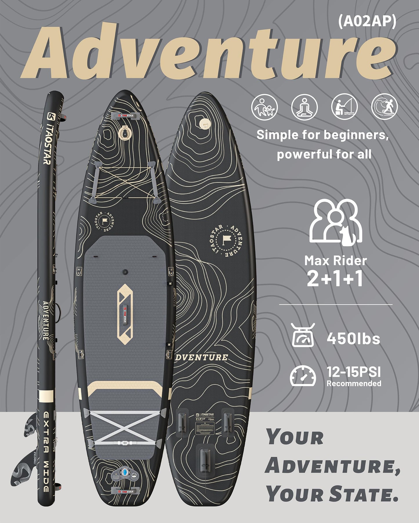 iTAOSTAR TAOSTAR Adventure 12'× 39" Inflatable Stand Up Paddle Board with Seat, Extra Wide SUP Board with 5 Fins Stable Design for Fishing, Youth, All Skill Levels, Lakes, Oceans