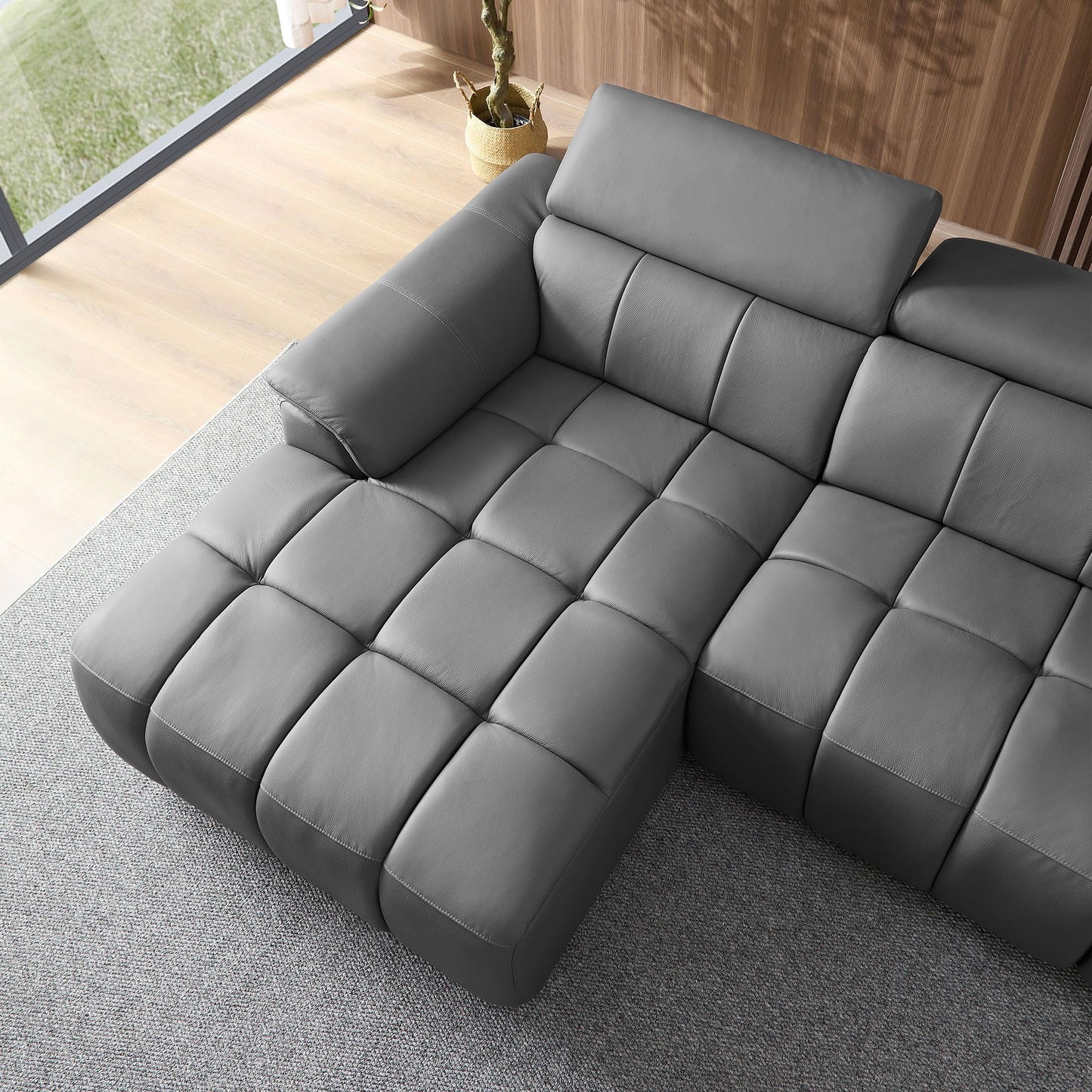 KEIKI 113" L-Shaped Genuine Leather Wall-Hugger Reclining Sofa with Left Chaise, Adjustable Backrest & Footrest, Modern Electric Control 3-Seater Couch with USB, for Living Room, Dark Grey