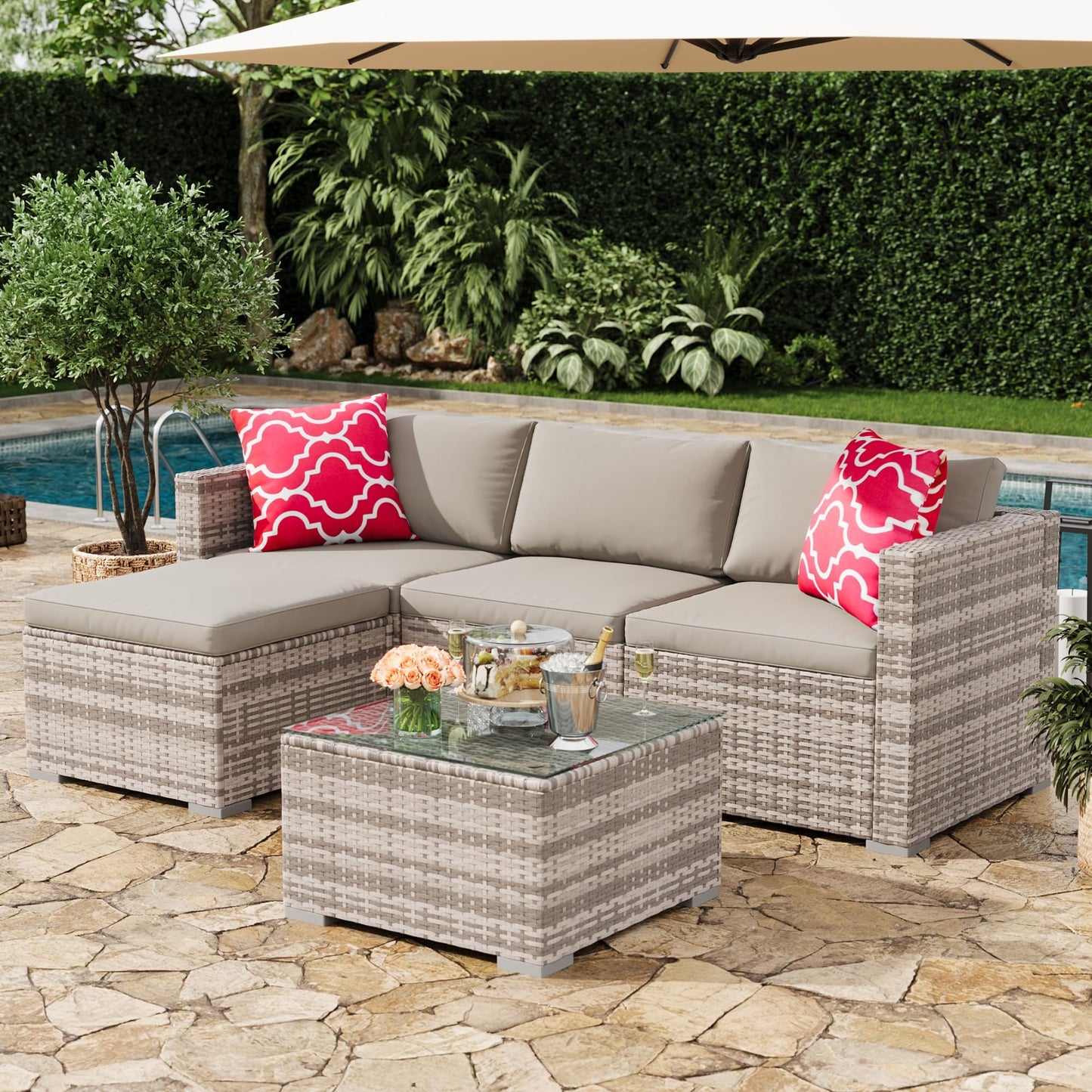 MilleLoom 5-Piece Outdoor Sectional Sofa Set, All-Weather PE Rattan Patio Furniture with Ottoman & Tempered Glass Table, Convertible Garden Couch for Backyard, Porch, Poolside (Gray)