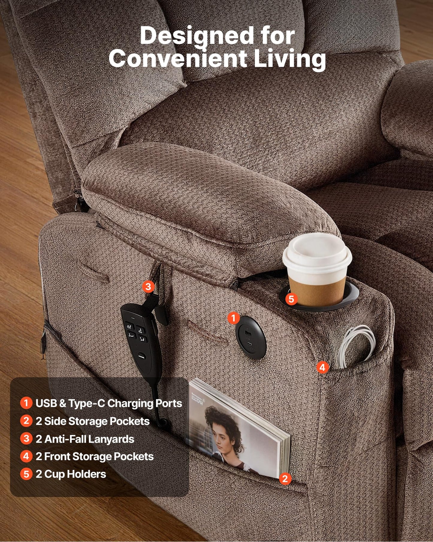 VEVOR Large Power Lift Recliner Chair, Dual Motor Lift Chair with Heat and Massage for Elderly, Position Adjustable with Side and Front Pockets, Cup Holders, Velvet Fabric, Brown