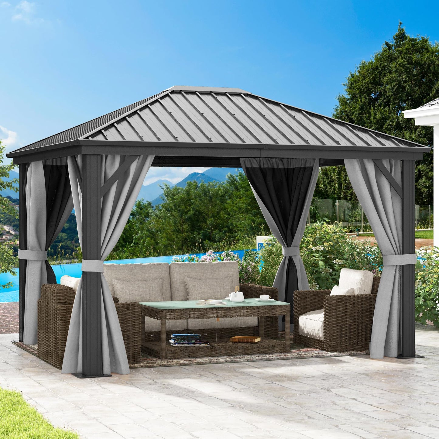 DWVO 10x12ft Gazebo Hardtop Heavy Duty Canopy with Nettings and Curtains, Galvanized Steel Outdoor Vertical Stripes Roof for Patio, Backyard, Deck, Lawns, Gray