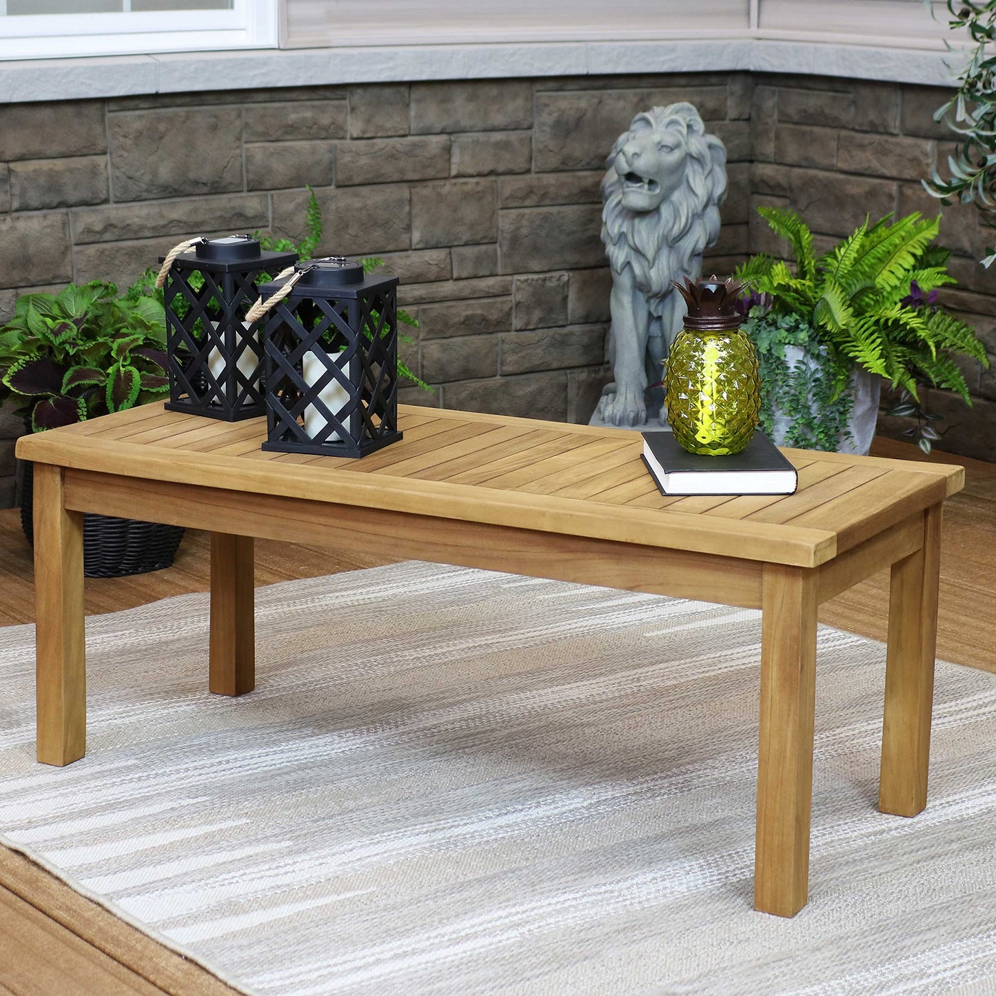 Sunnydaze 45-Inch Solid Teak Rectangular Outdoor Coffee Table - Patio Coffee Table for Outside - Light Brown Wood Stain Finish