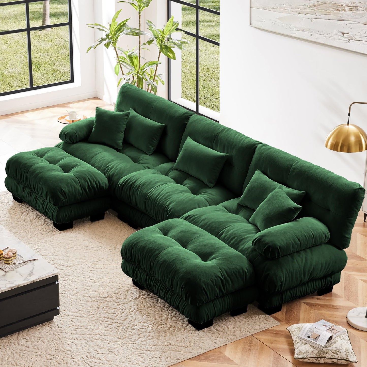 KEIKI 133" Sectional Sofa with Removable Ottomans, 5 Seat U Shaped Sleeper Cloud Couch Set, Comfy Chenille Upholstered Modular SofaBed for Apartment Living Room, Throw Pillows, Dark Green